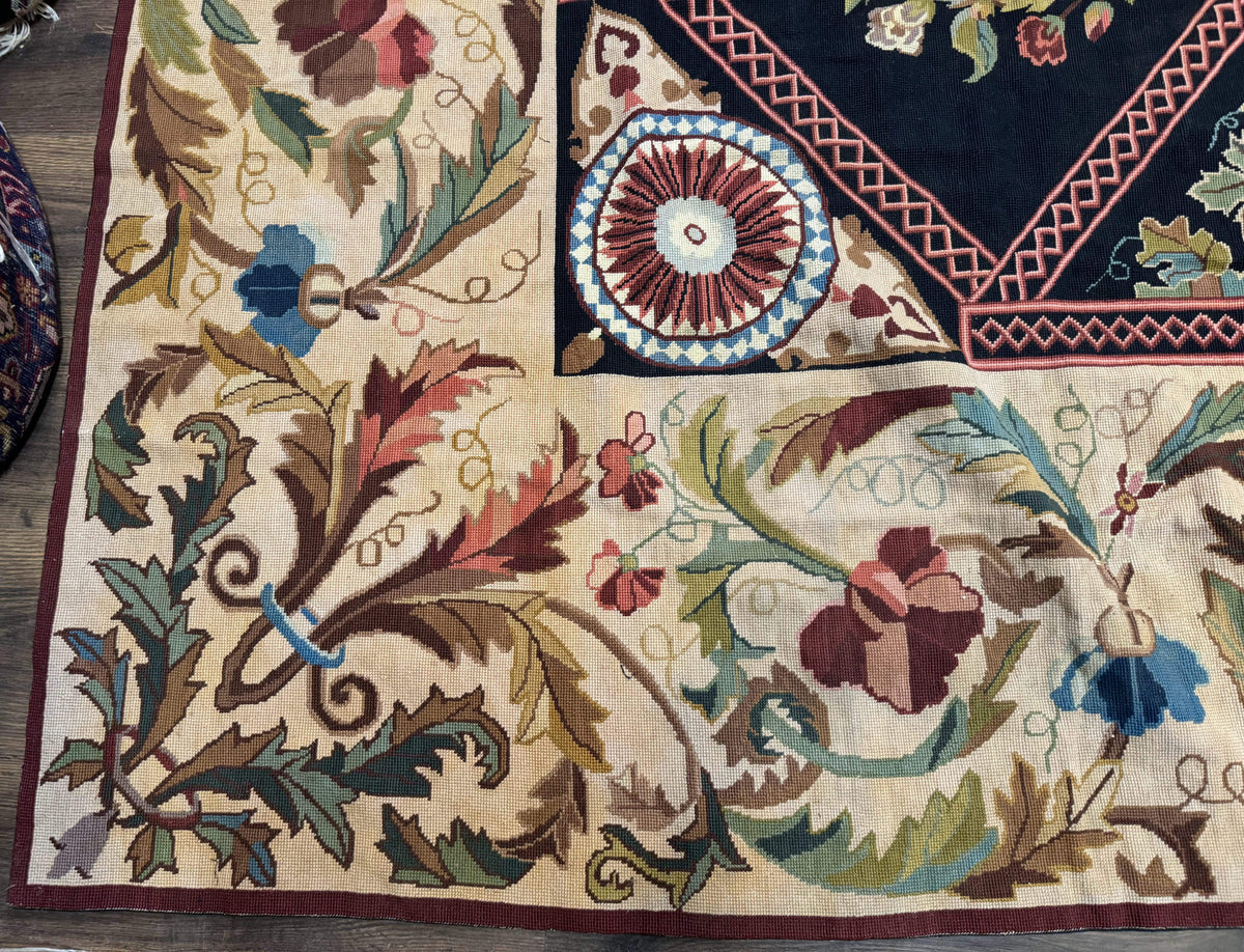 Palace Size Needlepoint Rug 12x20, European French English Aubusson Floral Design, Black and Beige - Jewel Rugs, view 8