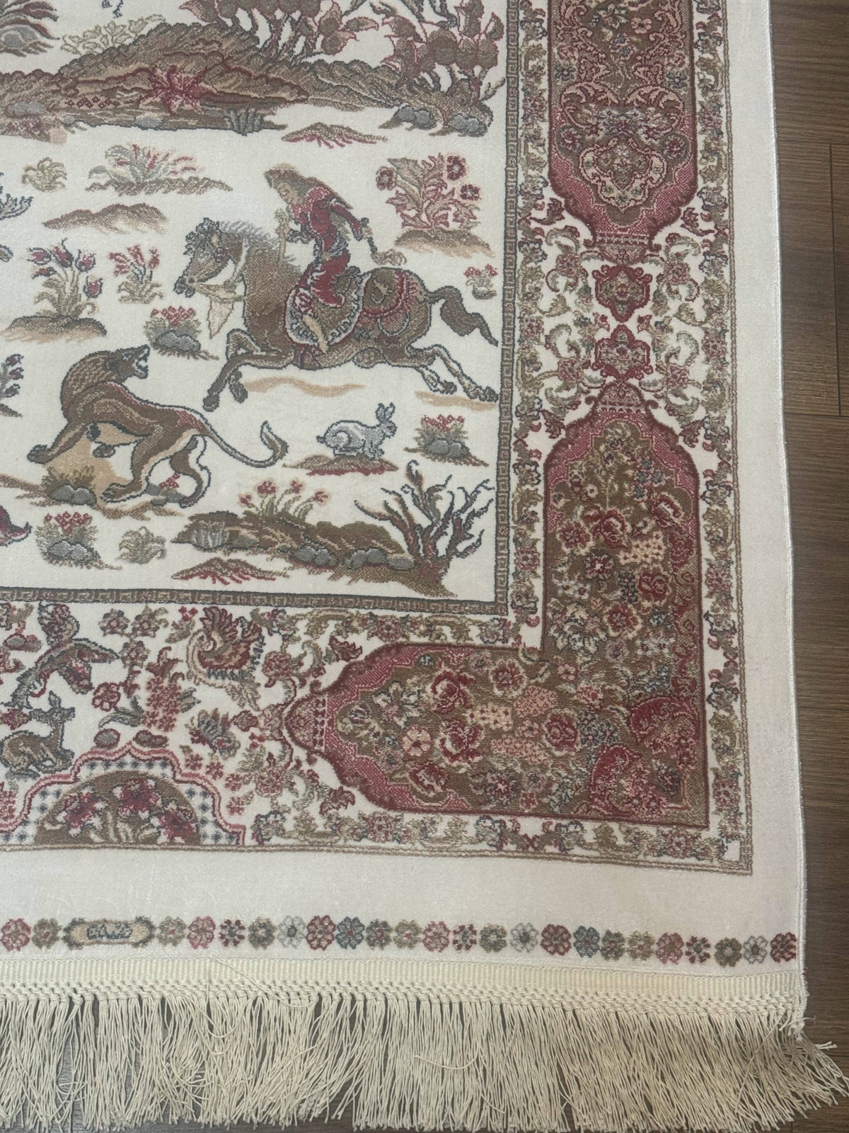 Long Turkish Silk Runner Rug 2.6 x 16.5, Hunting Design, Ivory, Bamboo Silk, New - Jewel Rugs, view 8