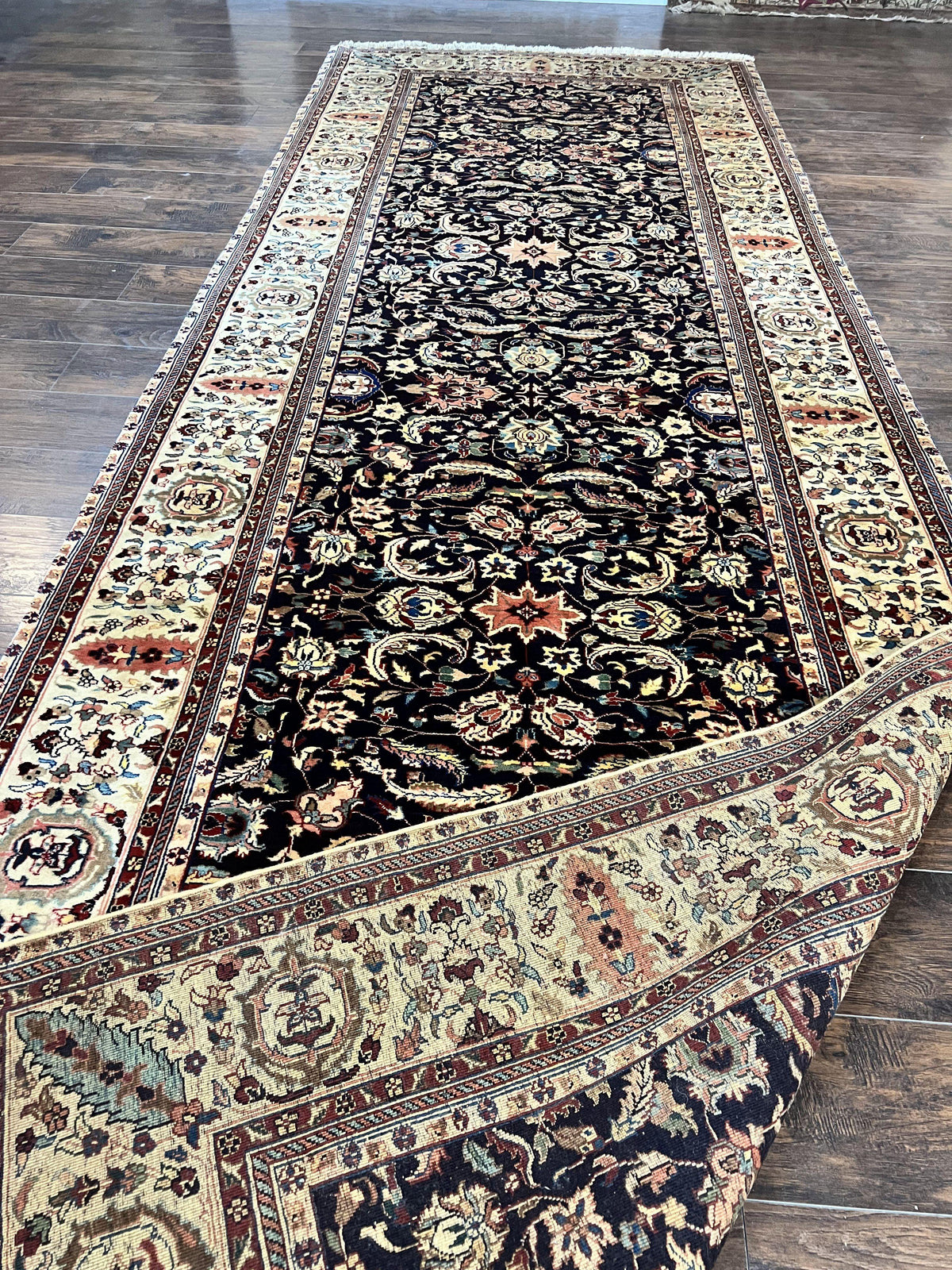 Indo Persian Rug 5x15, Wide Runner Rug 5 x 15 ft, Wool Hand Knotted Vintage Carpet, Black & Cream, Floral Allover Long Oriental Rug - Jewel Rugs, view 11