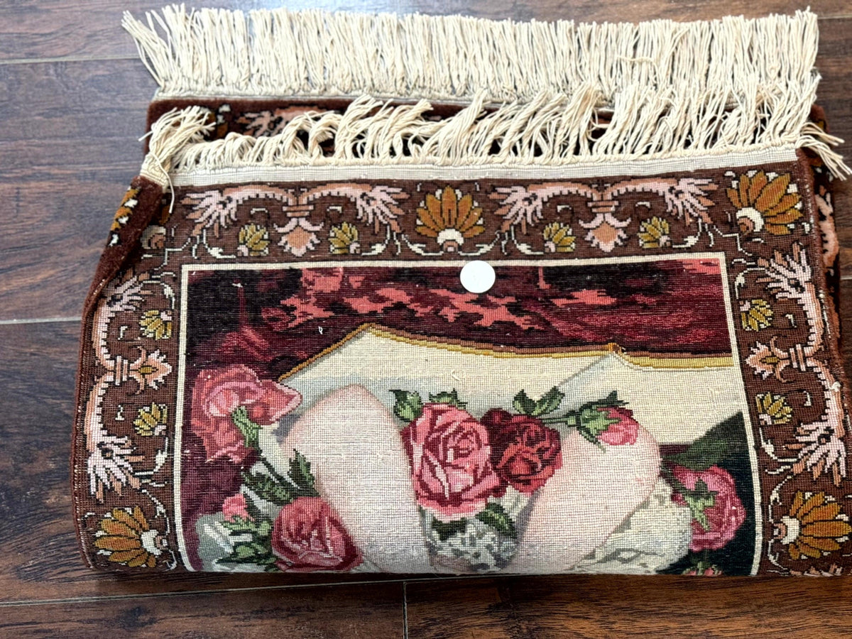 Small Persian Tabriz Pictorial Rug of Young Girl, Very Fine 380 KPSI, Portrait of Young Lady with Roses, Handmade, Persian Rug for Wall Hanging - Jewel Rugs, view 10