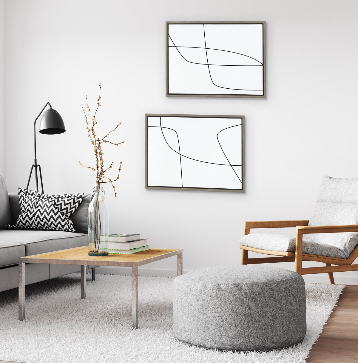 Sylvie Modern Line Abstract 3 and 4 Black and White Framed Canvas by The Creative Bunch Studio