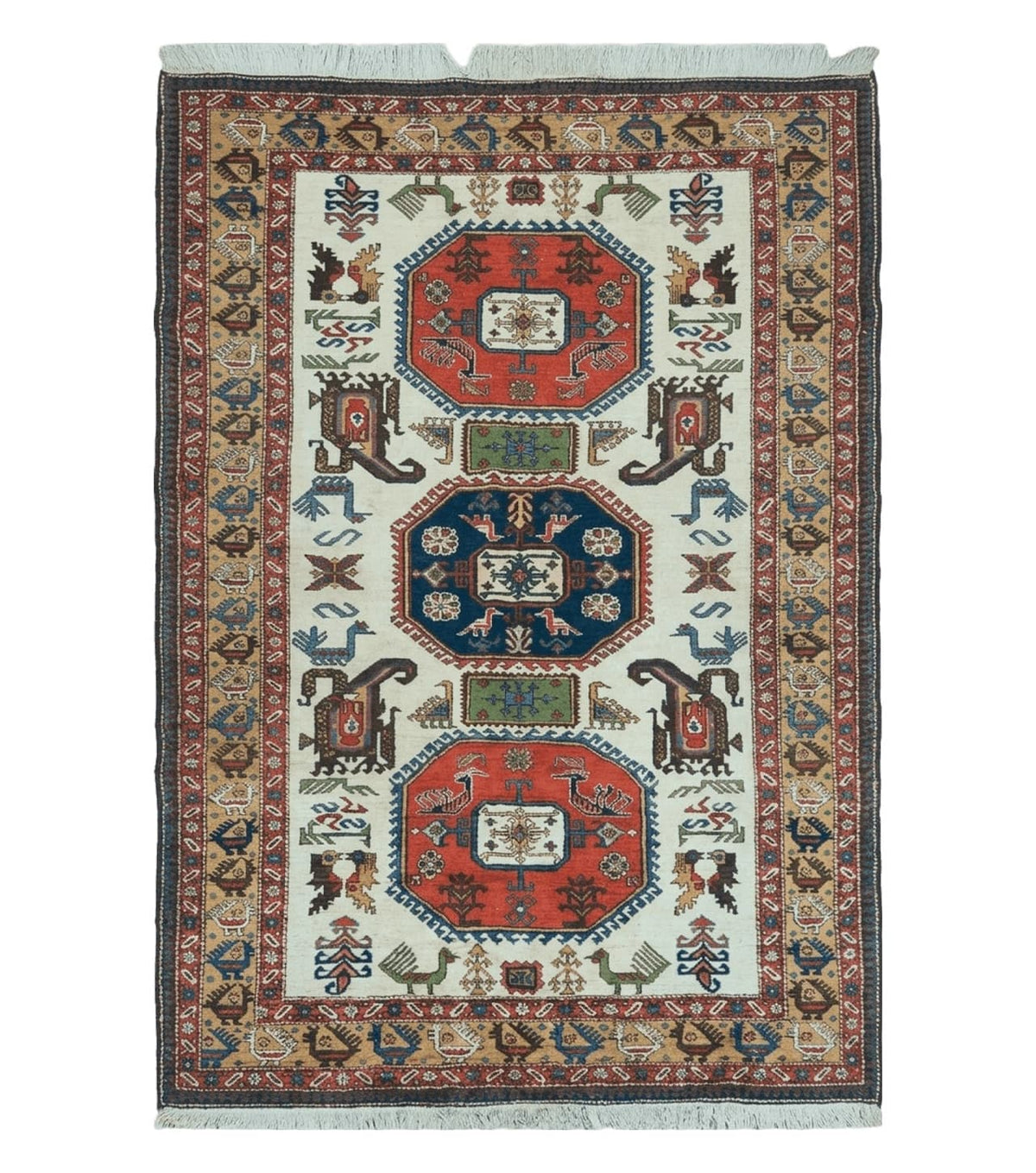 7' X 10' Vintage Handmade Knotted Turkish Wool Rug Birds Animal Ivory Organic - Jewel Rugs