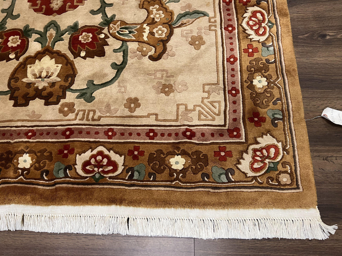Chinese Wool Rug 5.9 x 9, Tan and Brown Asian Art Deco Carpet, Vintage 1960s Oriental Rug, Hand-Knotted Rug, Soft Wool, Medallion, Pair B - Jewel Rugs, view 10