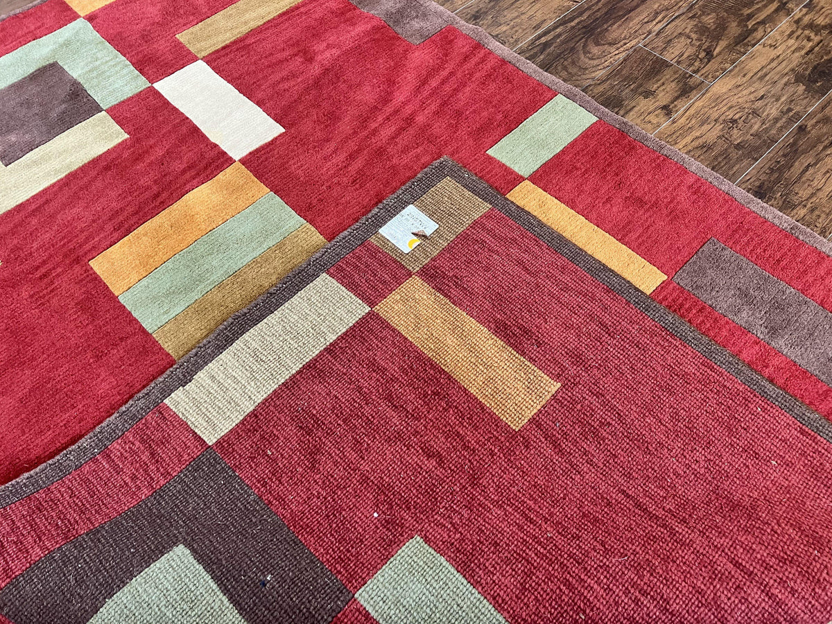 Indo Tibetan Modern Rug 5x8, Abstract Rug 5 x 8 ft, Red Multicolor Wool Handmade Contemporary Area Rug - Jewel Rugs, view 12