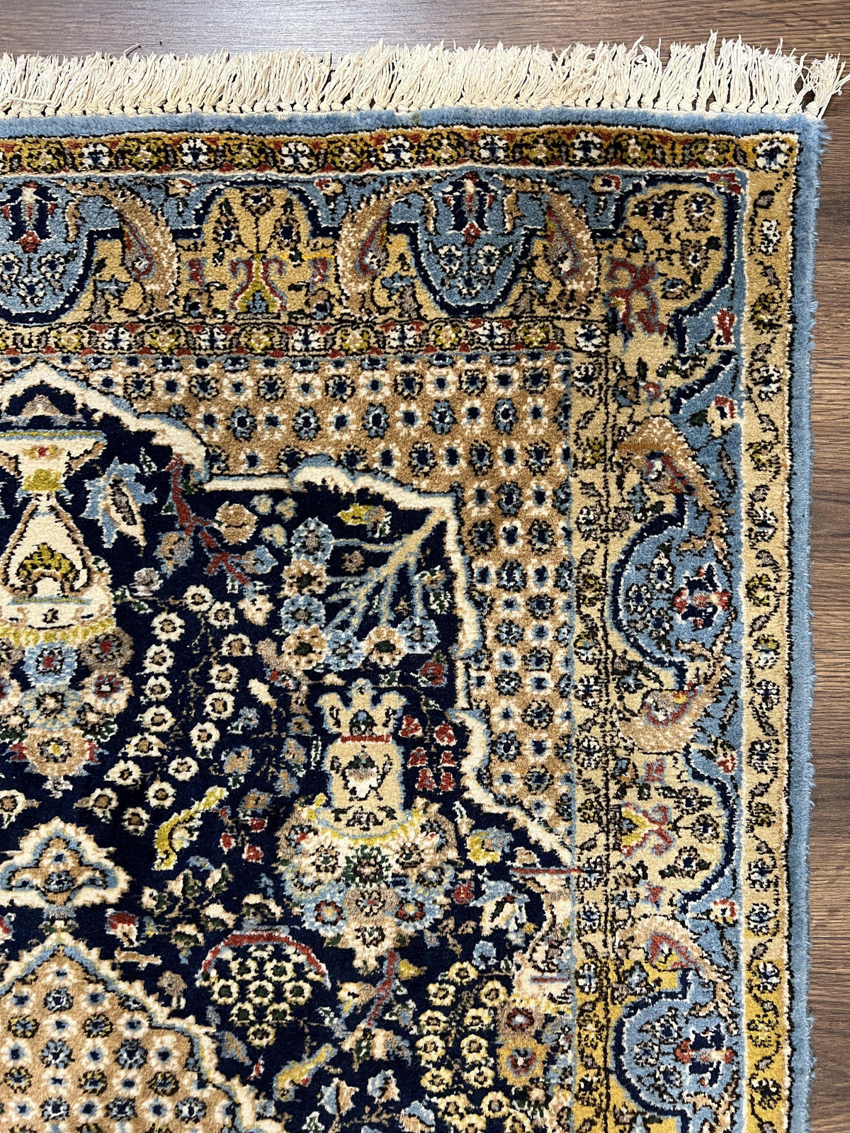 Fine Persian Qum Rug 3x5, Semi Antique Vintage Oriental Ghom Carpet, Floral Medallion, Highly Detailed, Hand Knotted, Navy Blue, Wool Area Rug, Birds - Jewel Rugs, view 8