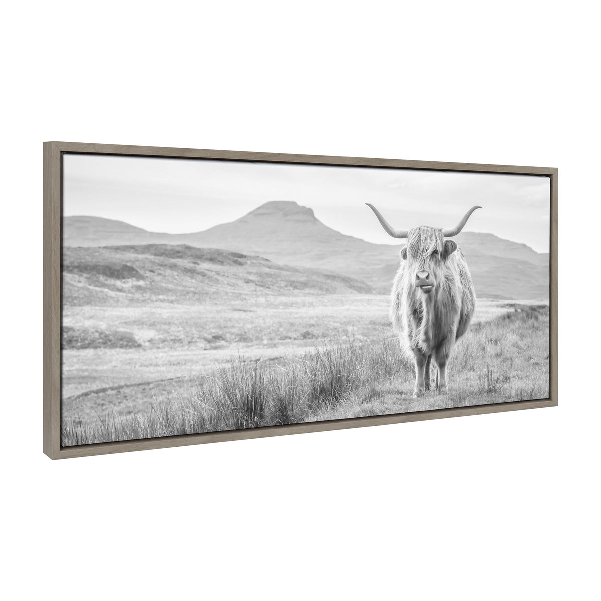 Sylvie Highland Cow Mountain Landscape Black and White Framed Canvas by The Creative Bunch Studio
