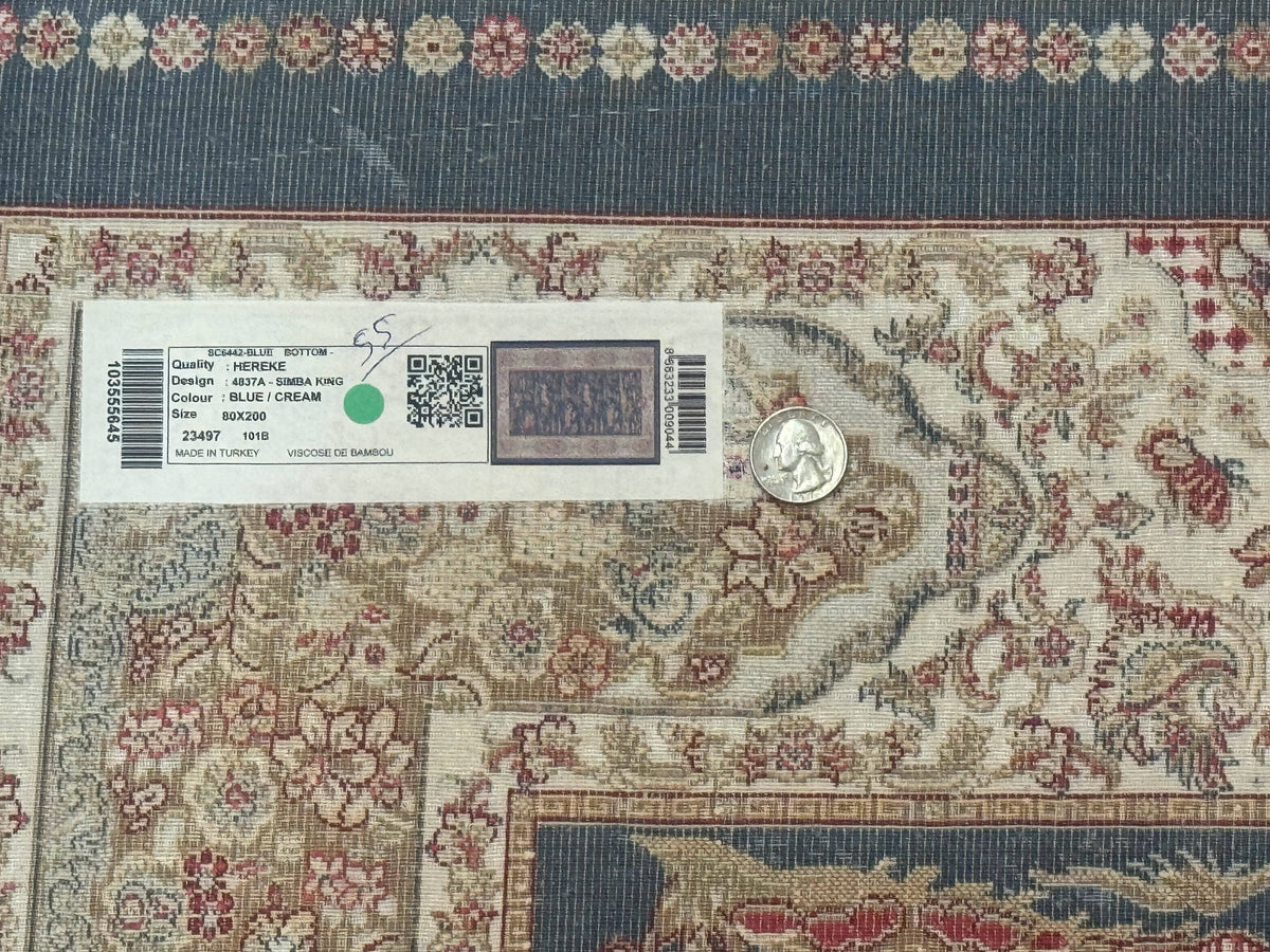 Turkish Silk Rug 2.6 x 6.7, Short Runner Rug, Blue & Ivory, Bamboo Silk, New - Jewel Rugs, view 10