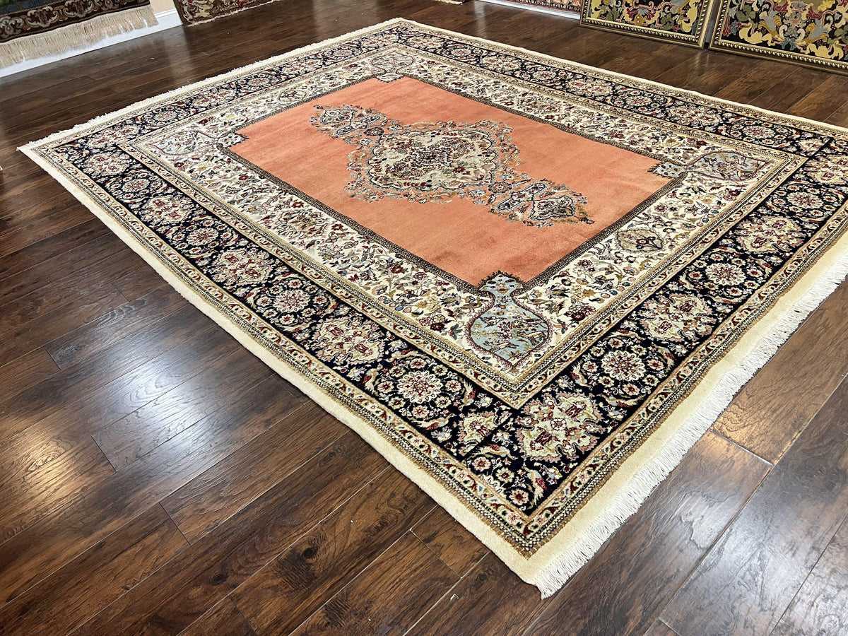 Persian Tabriz Rug 10x13, Wool Hand Knotted Vintage Carpet, Salmon Red & Ivory, Semi Open Field, Birds & Animal Motifs, Large Rug - Jewel Rugs, view 12