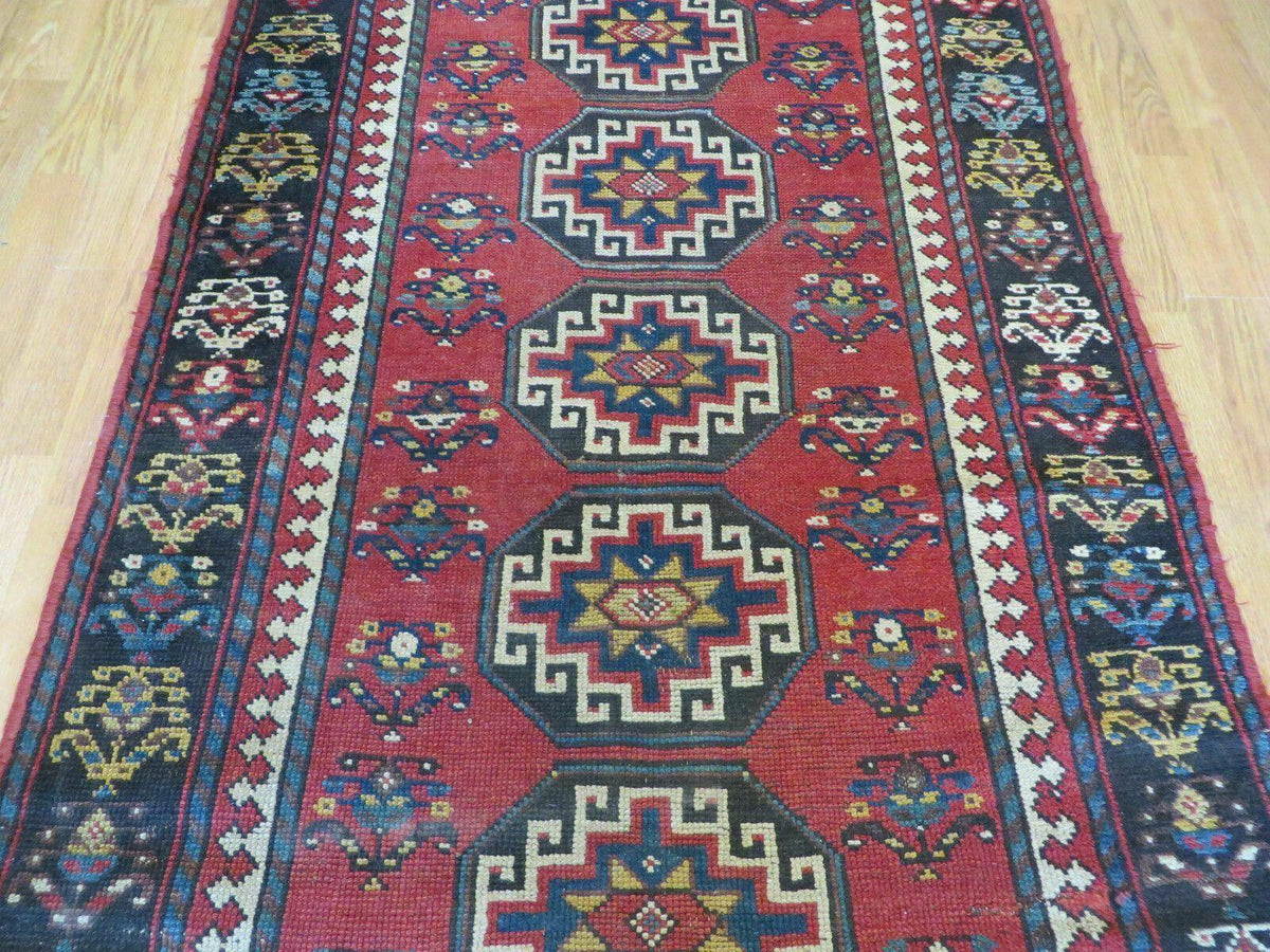 3' 3" X 10' Hand-Knotted Antique Handmade Caucasian Kazak Wool Runner Rug - Jewel Rugs, view 11