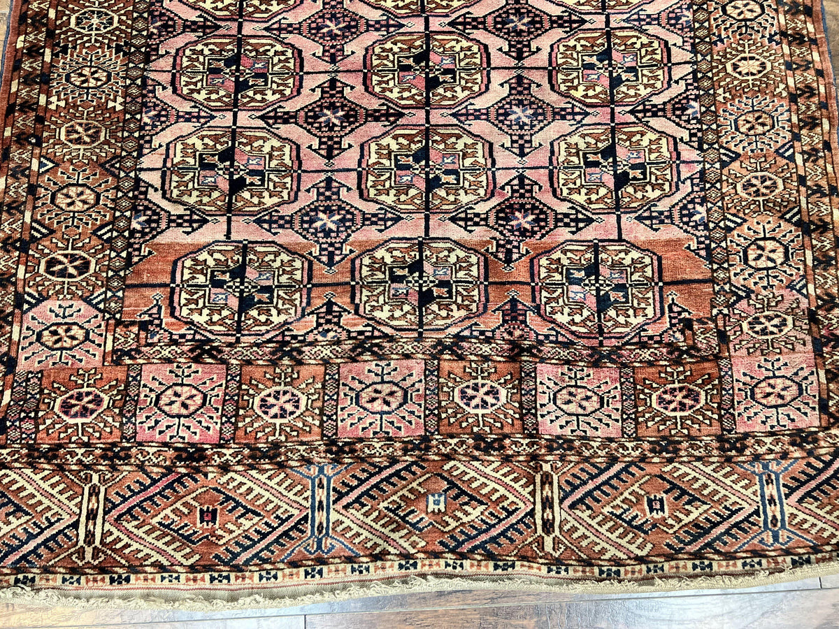 Persian Turkoman Rug 4x6, Wool Hand Knotted Antique Bokhara Carpet, Red Pink, Handmade Tribal Oriental Rug 4 x 6 ft - Jewel Rugs, view 6