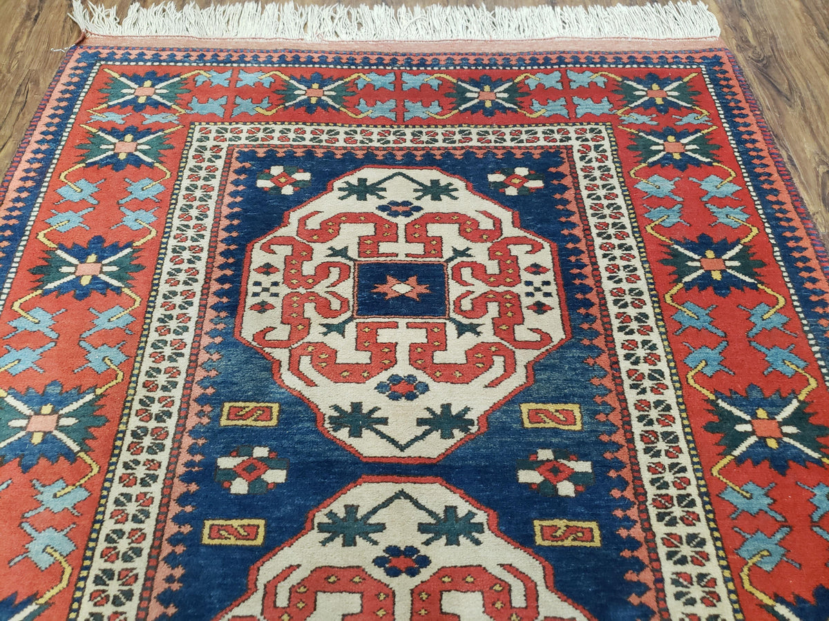 Turkish Kazak Rug 5x6 Vintage Handmade Wool Carpet Geometric Blue Red - Jewel Rugs, view 12