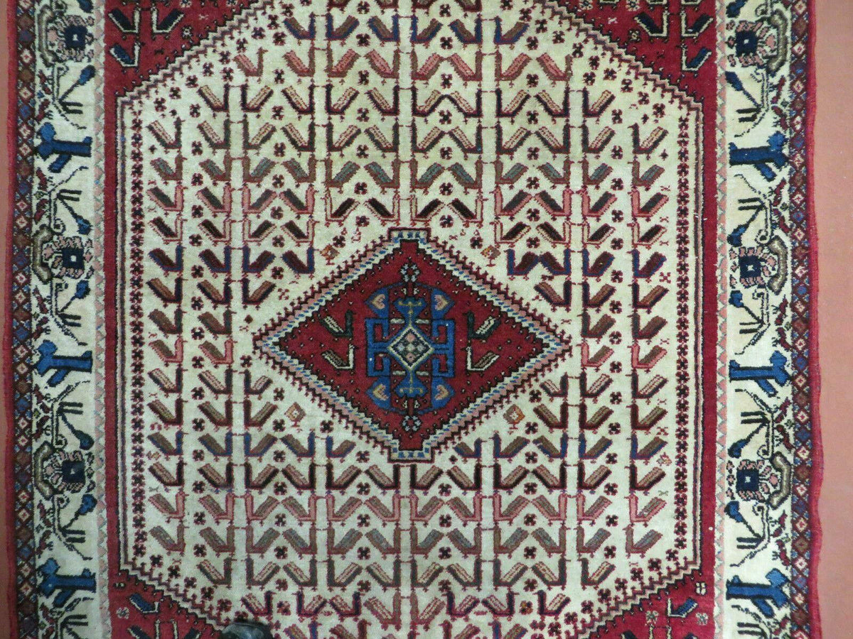 3' X 5' Vintage Handmade India Geometric Oriental Wool Rug Nice Birds Ivory Red - Jewel Rugs, view 5