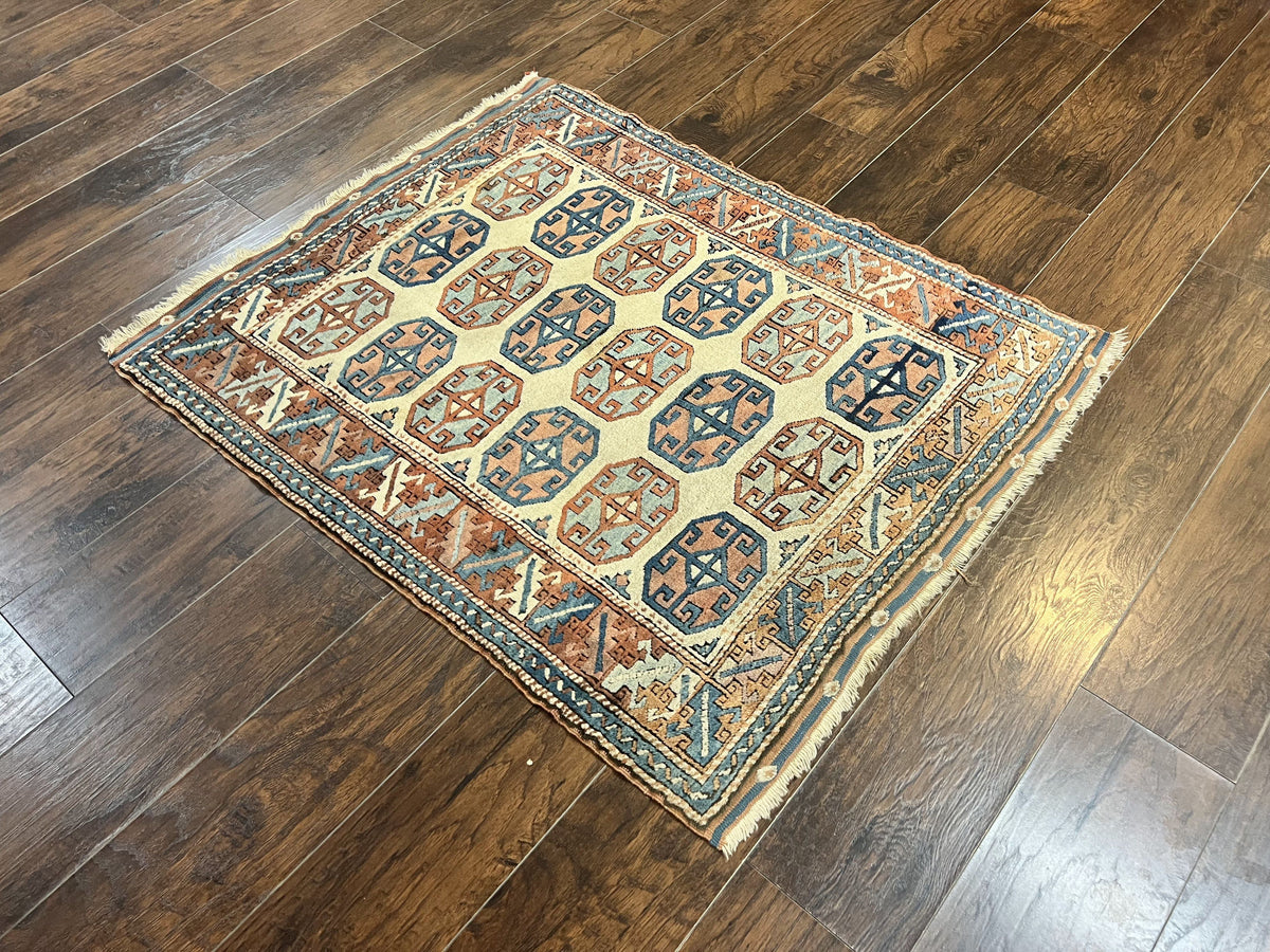 Turkish Kazak Rug 3x4, Wool Hand Knotted Handmade Vintage Carpet, Geometric Tribal Repeated Motif, Small 3 x 4 Antique Rug, Cream Red - Jewel Rugs, view 12