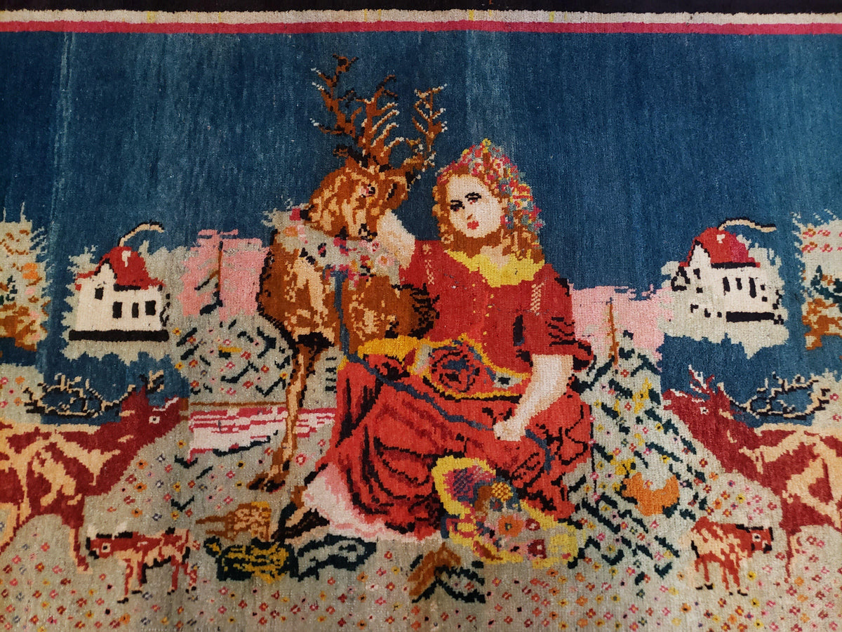 Antique Persian Pictorial Rug 4'6" x 9', Wool Hand-Knotted Blue Roses Karabagh Caucasian Carpet, 1920s Girl Deer Tapestry Wall Hanging Rug - Jewel Rugs, view 5