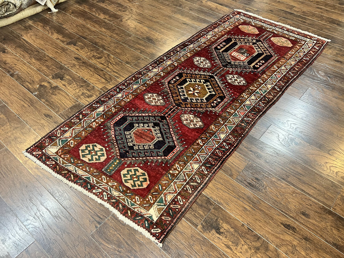 Persian Heriz Runner Rug 3.8 x 8.6, Geometric Design, Large Triple Medallions, Hand Knotted Handmade Vintage Wool Hallway Rug, Red - Jewel Rugs, view 13
