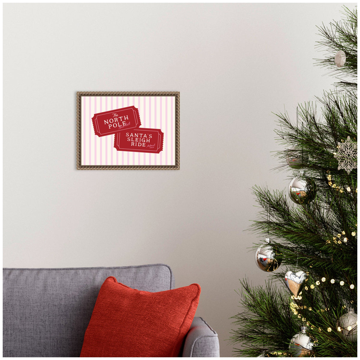 Pink North Pole Sleigh Ticket by Lucky Guava Framed Canvas Wall Art Print