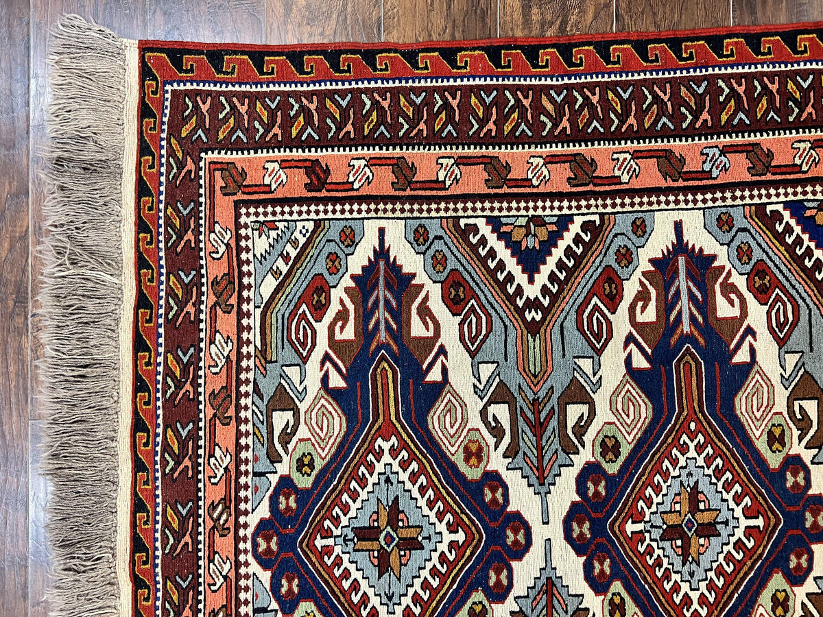 Russian Soumak Rug 6x8, Wool Handmade Antique Kilim Carpet, Multicolor 6 x 8 Geometric Medallions Caucasian Rug, Medium Size - Jewel Rugs, view 7