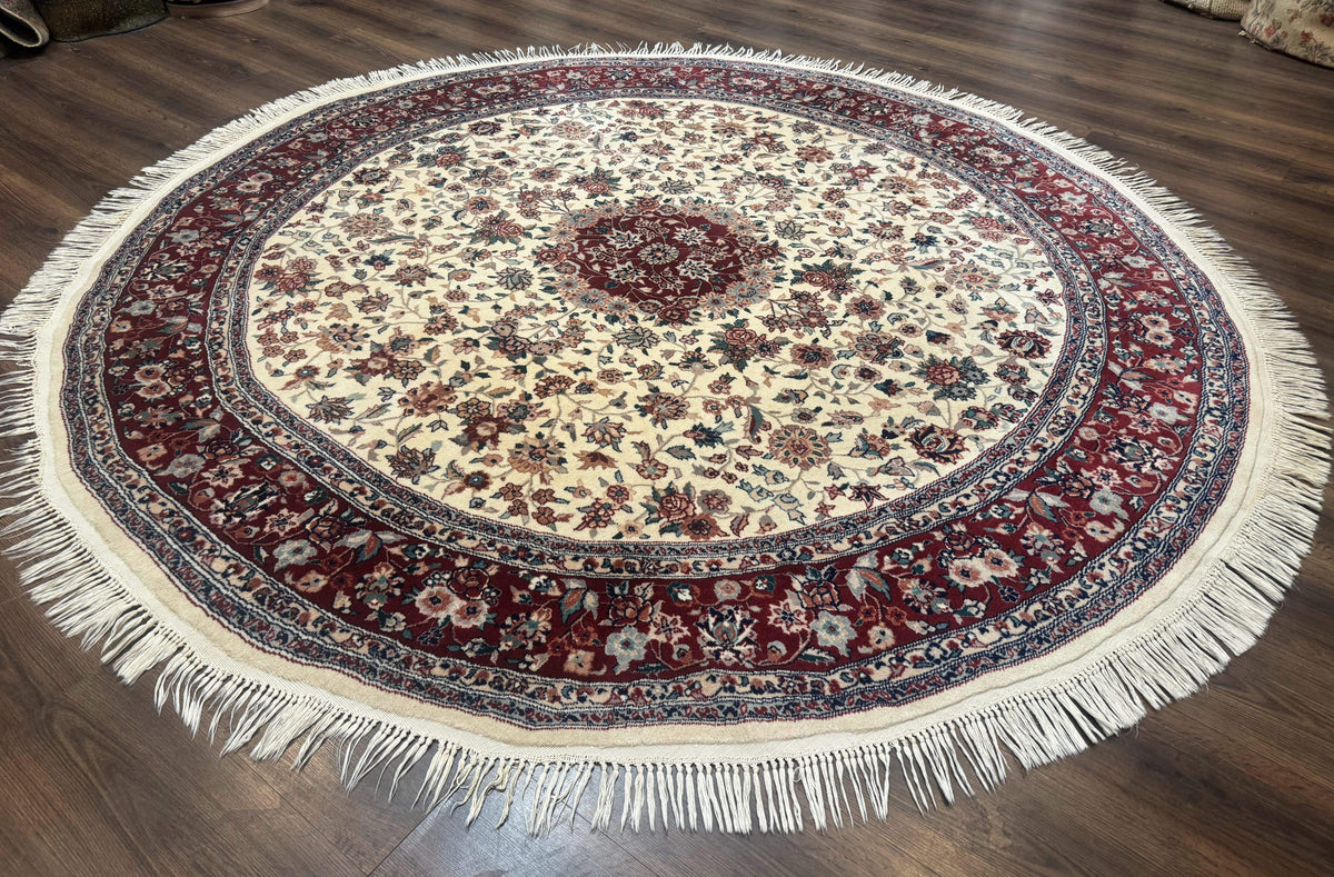 Round Sino Persian Rug 8x8, Wool and Silk, Floral Medallion, Ivory Dark Red - Jewel Rugs, view 9