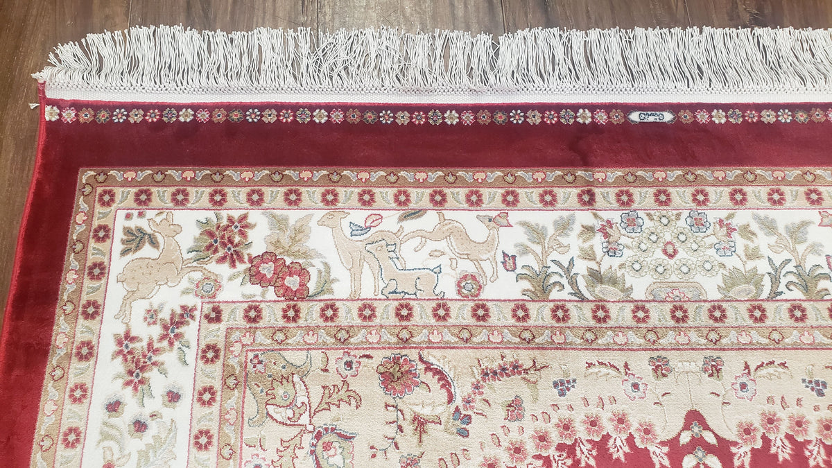 Silk Carpet 4x6 Dark Red & Cream, Tree of Life Rug, Animal Motifs, Birds Deer Rabbits, All Bamboo Silk, 4 x 6 Silk Area Rug - Jewel Rugs, view 7
