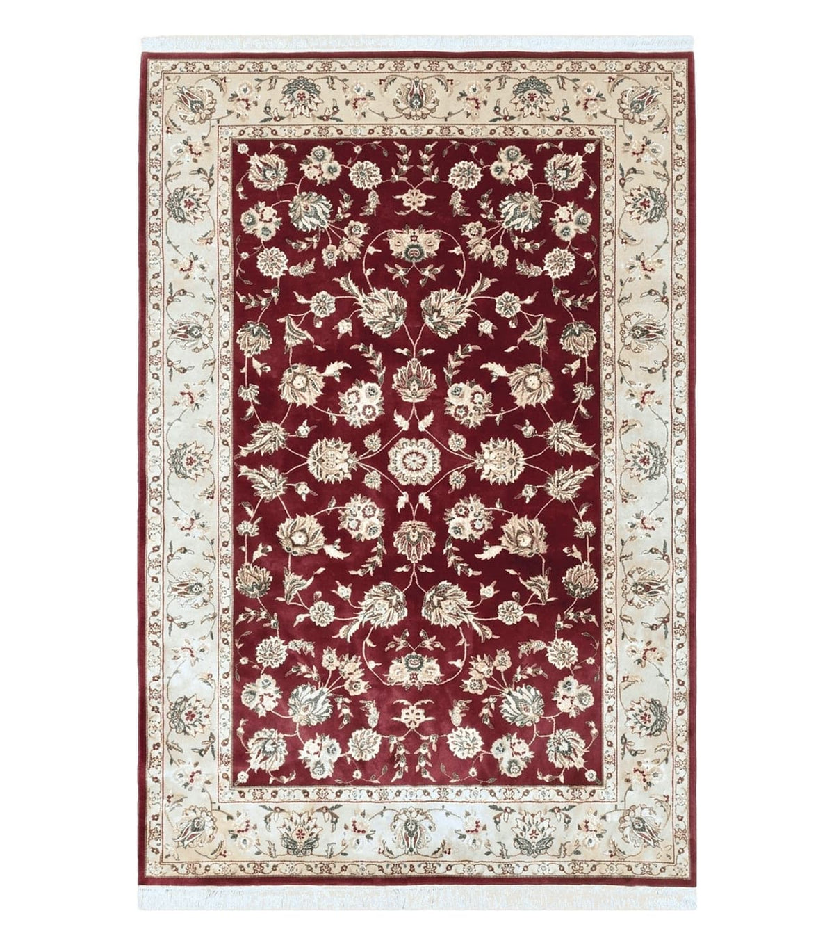 Vintage Traditional Oriental Area Rug, Hand-Knotted, Wool & Silk Accents, Maroon Red and Beige, 6x9 Carpet, 5' 9" x 9' - Jewel Rugs