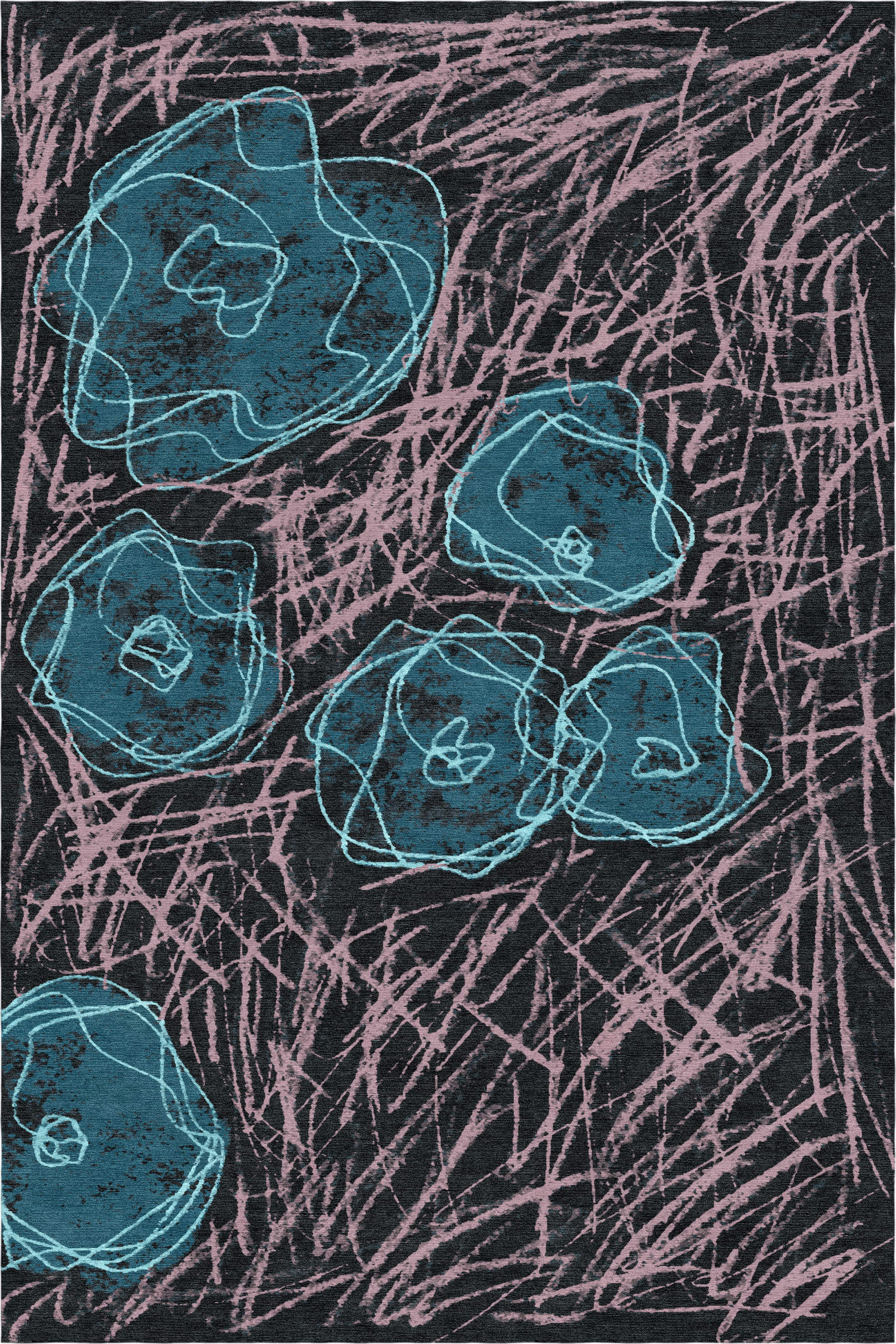 "Room for Ritual" - Blue and Rose Hand-Knotted Floral Rug in - image 7
