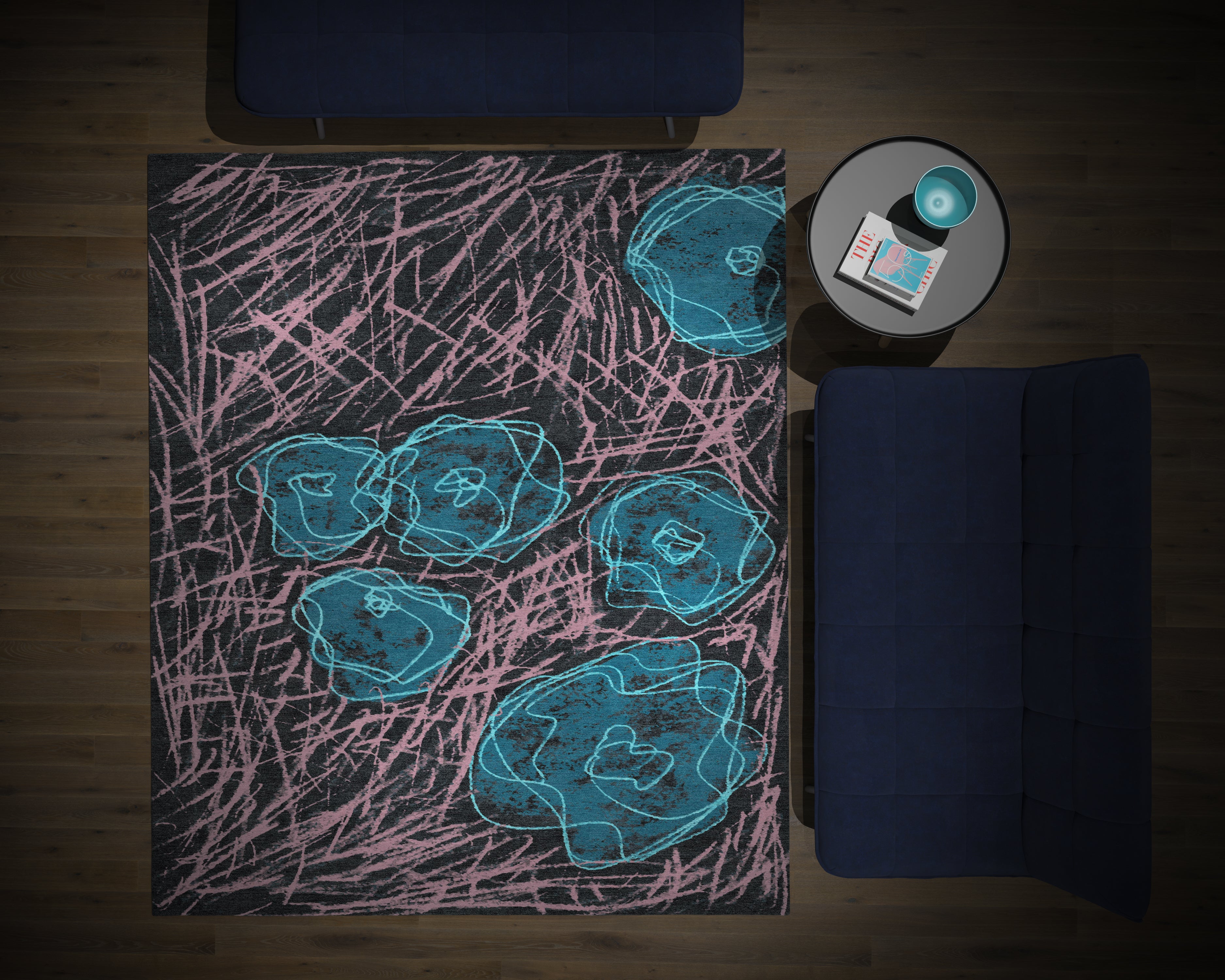 "Room for Ritual" - Blue and Rose Hand-Knotted Floral Rug in - image 6