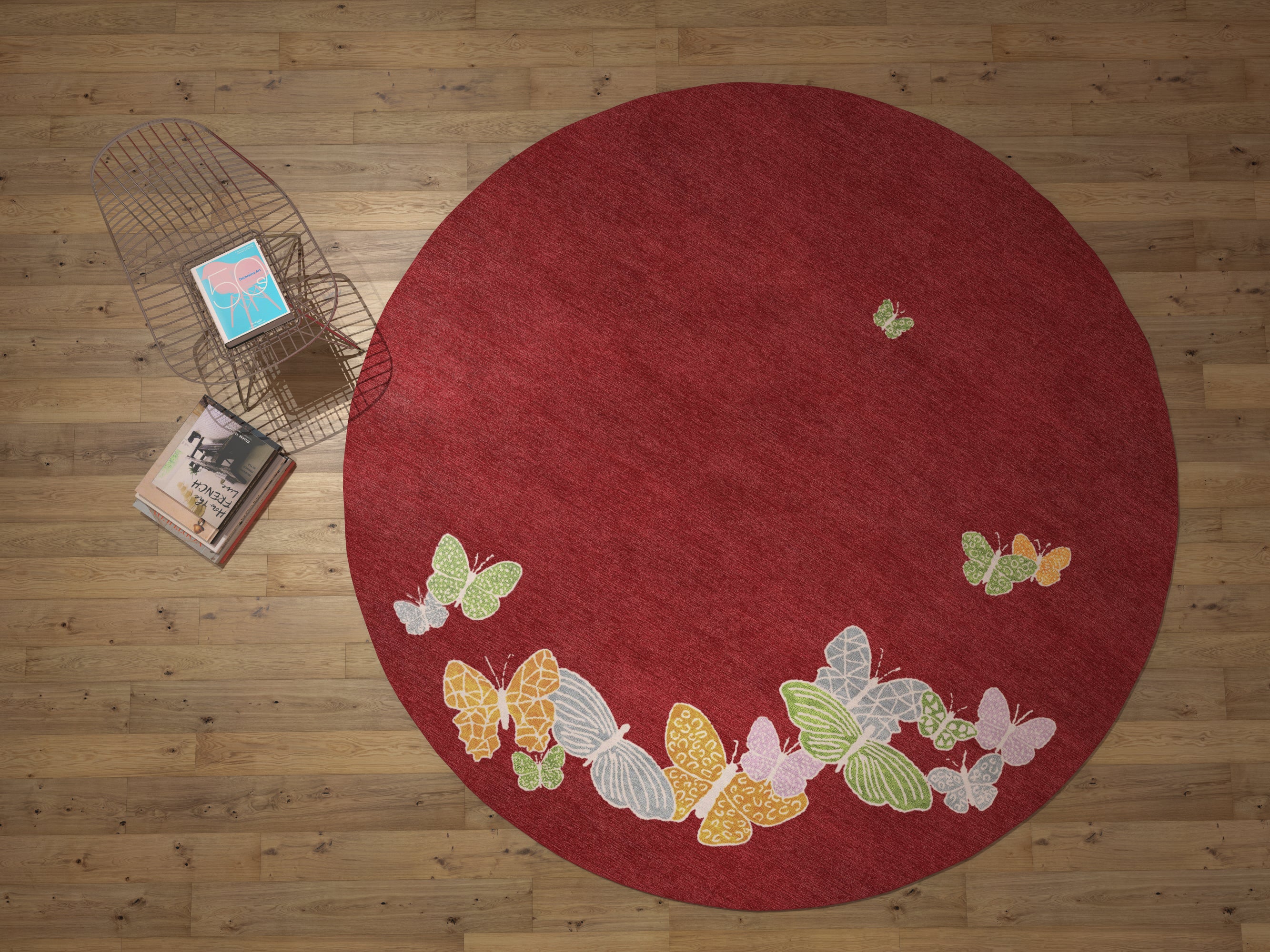 "Spirit in the Sky" - Deep Red Round Butterfly Rug in Wool and - image 5