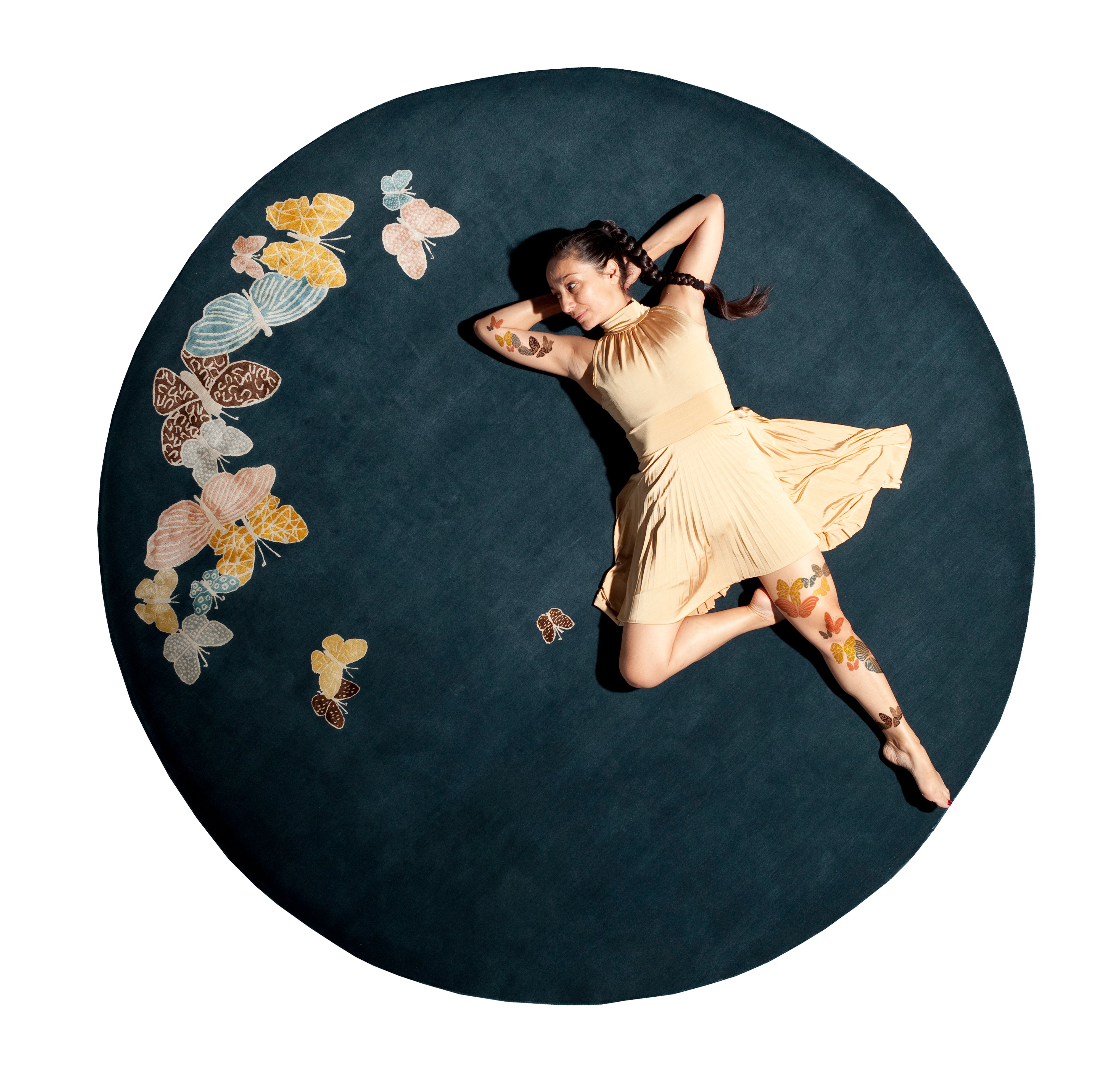 "Spirit in the Night Sky" - Petrol Blue Round Butterfly Rug in - image 8