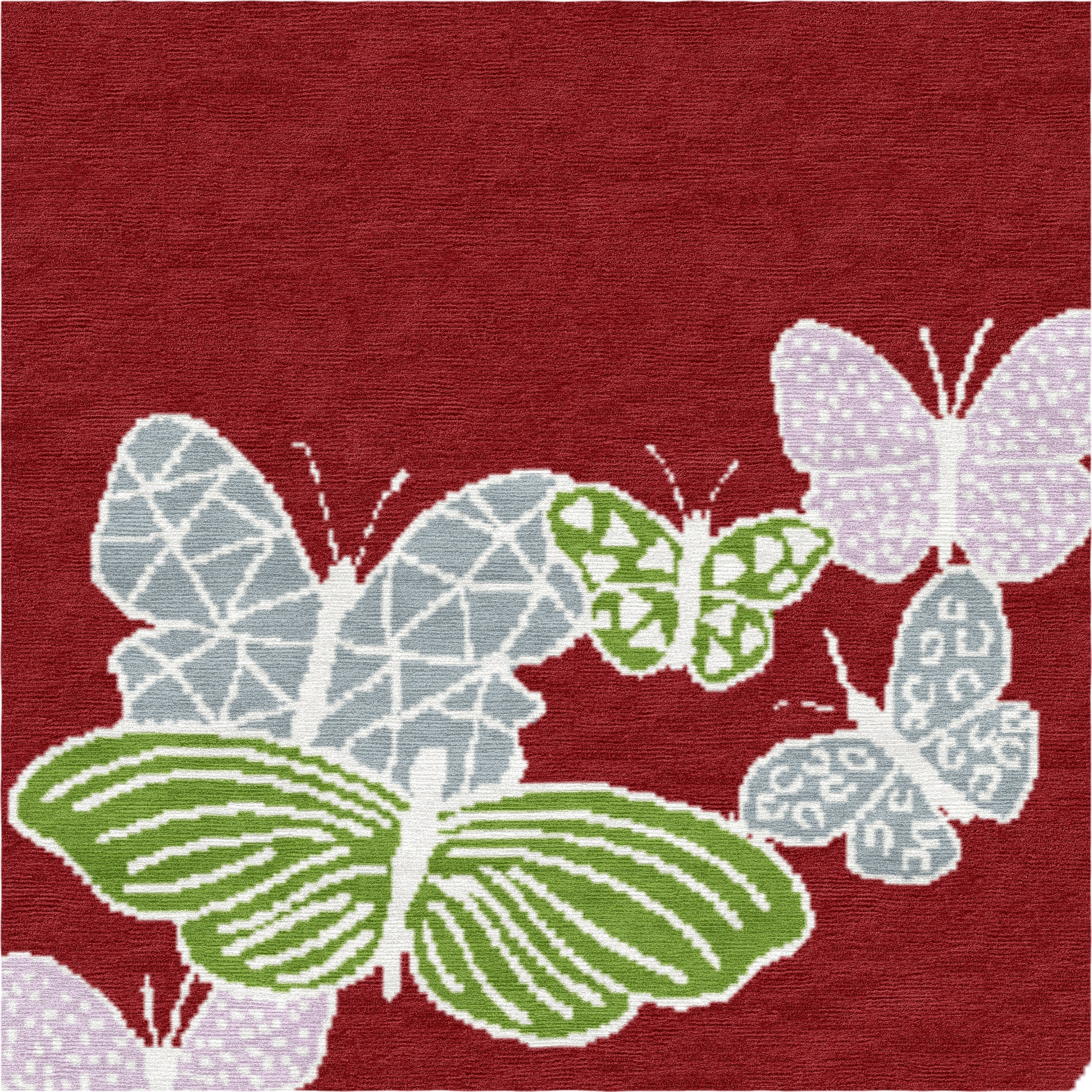 "Spirit in the Sky" - Deep Red Round Butterfly Rug in Wool and