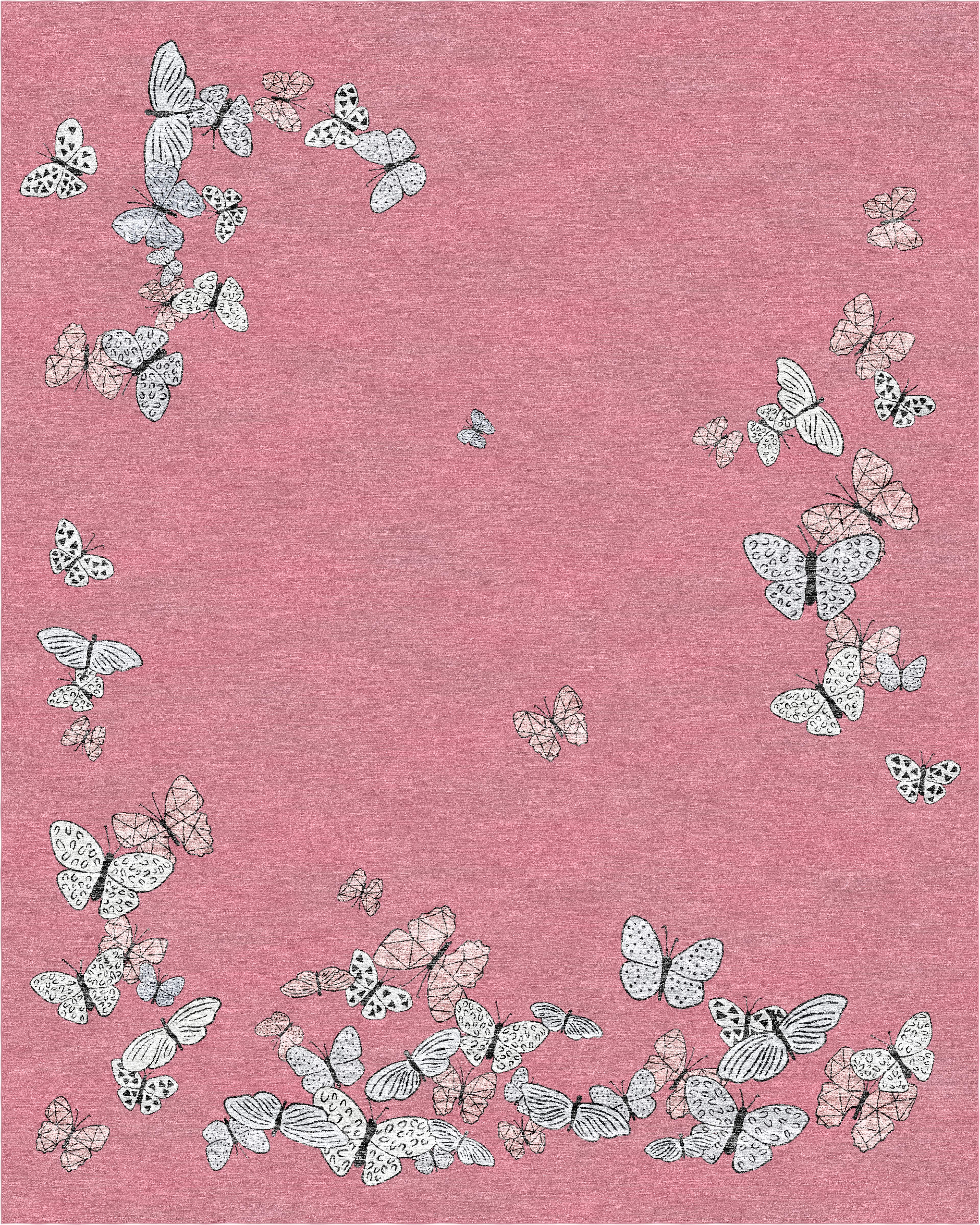 "Spirit in the Sky" - Pink Large Butterfly Rug in Wool and Silk