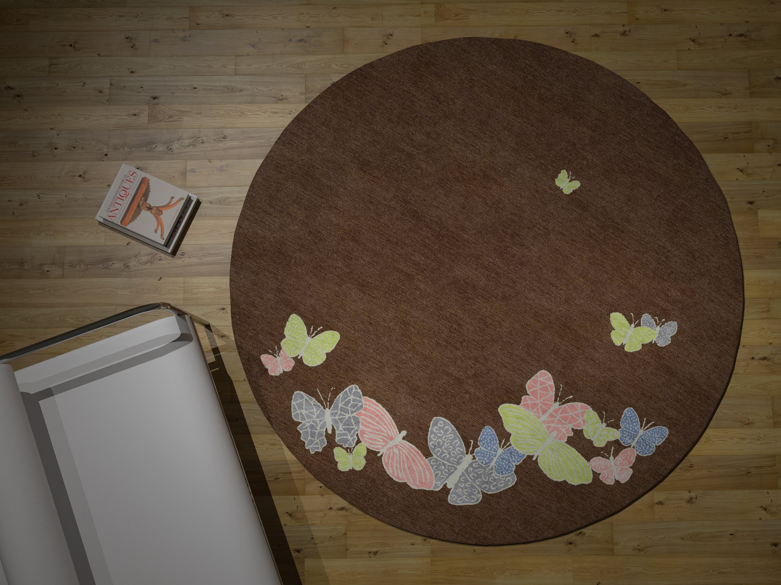 "Spirit in the Night Sky" - Dark Brown Round Butterfly Rug in