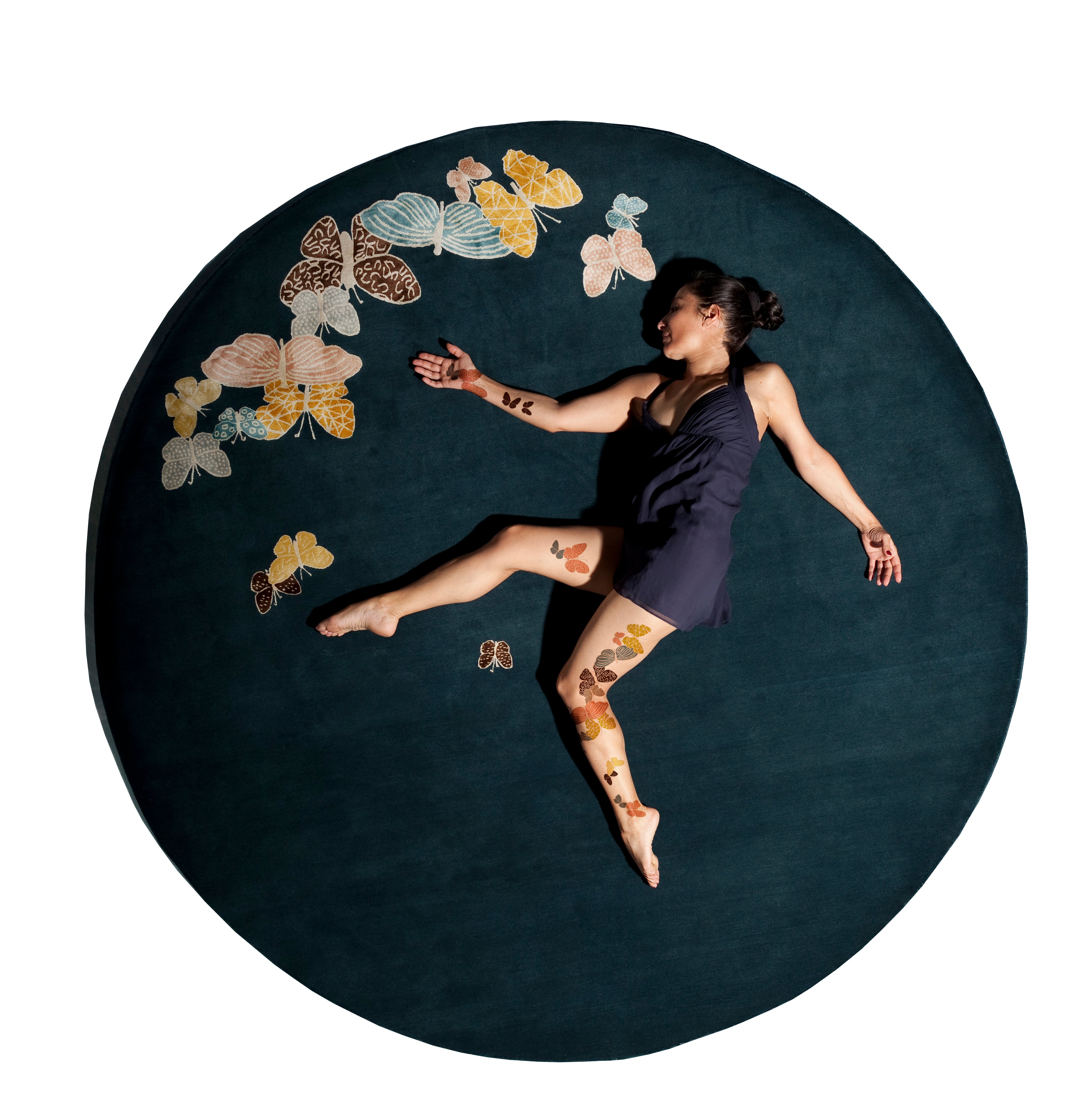 "Spirit in the Night Sky" - Petrol Blue Round Butterfly Rug in - image 7