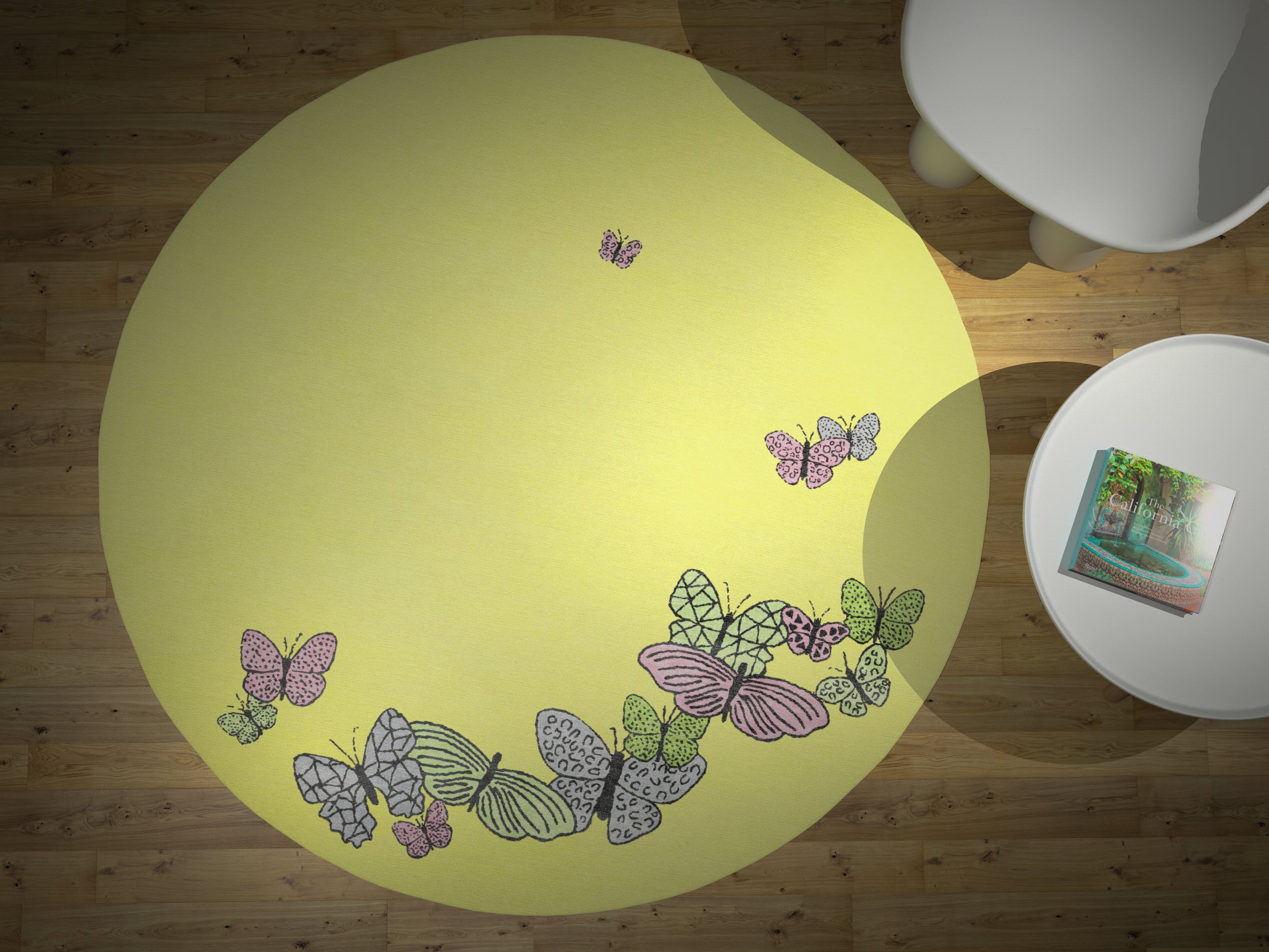 "Spirit in the Sky" - Butter Yellow Round Butterfly Rug in Wool - image 5