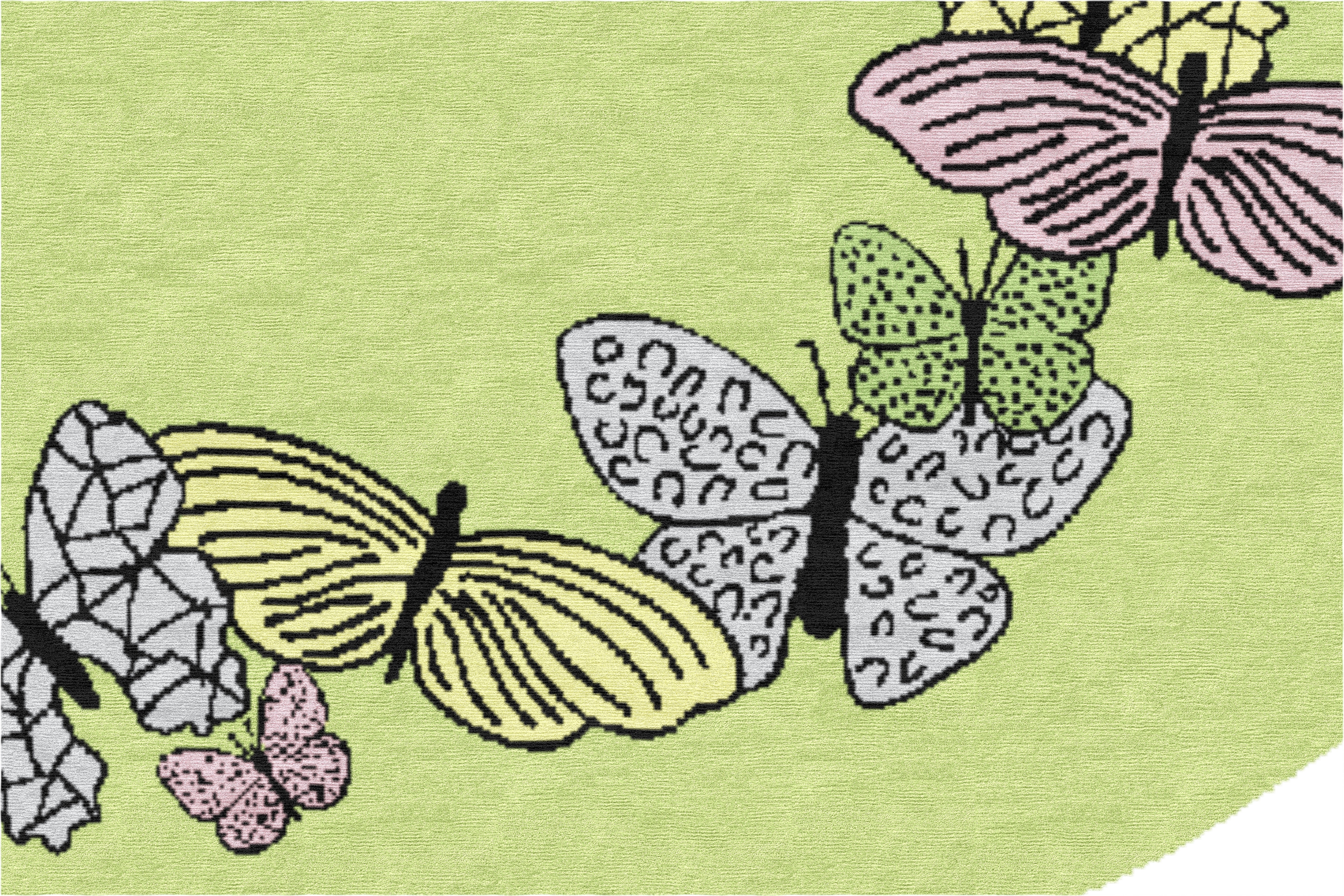 "Spirit in the Sky" - Lime Green Round Butterfly Rug in Wool and
