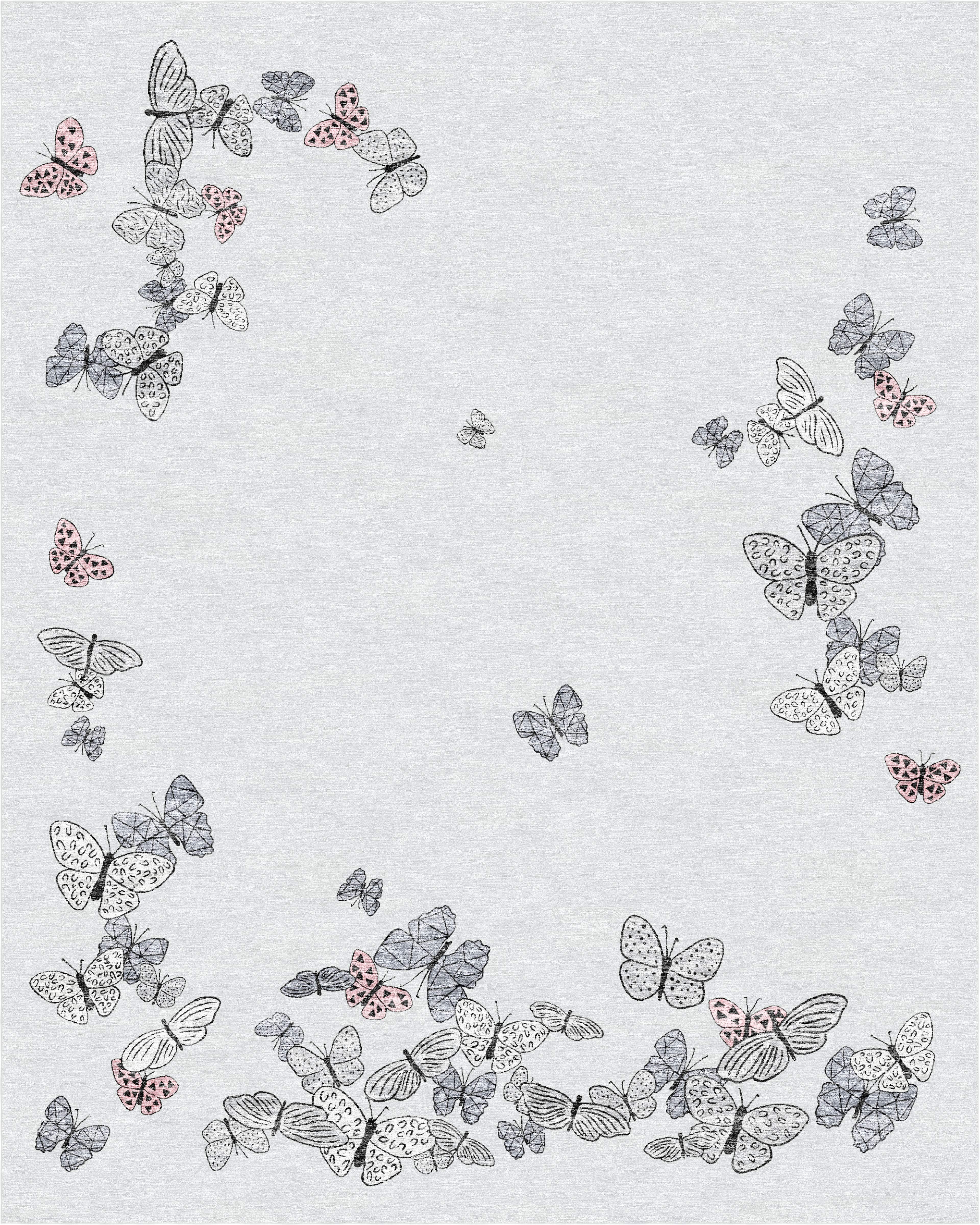 "Spirit in the Sky" - White and Gray Large Butterfly Rug in Wool