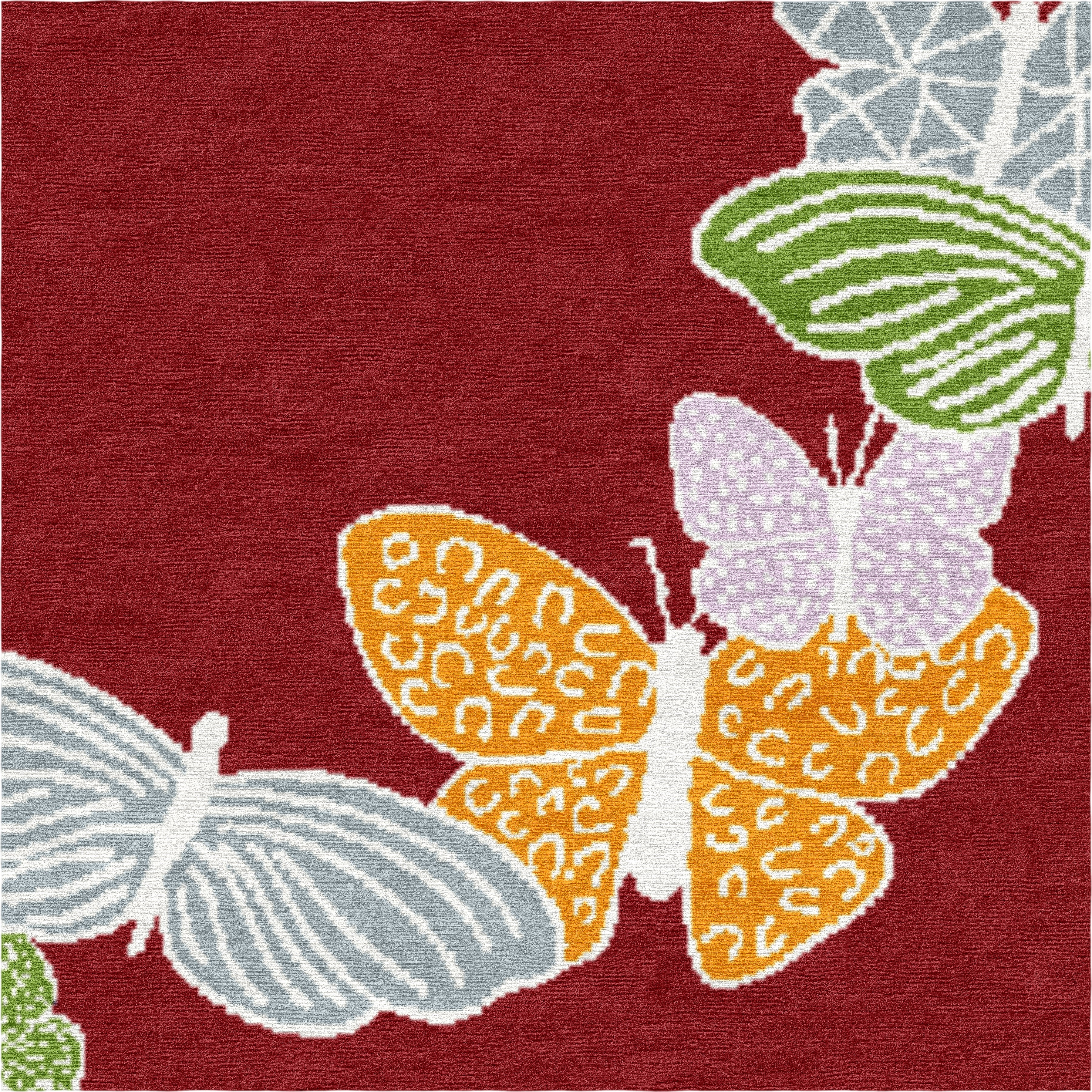 "Spirit in the Sky" - Deep Red Round Butterfly Rug in Wool and - image 2