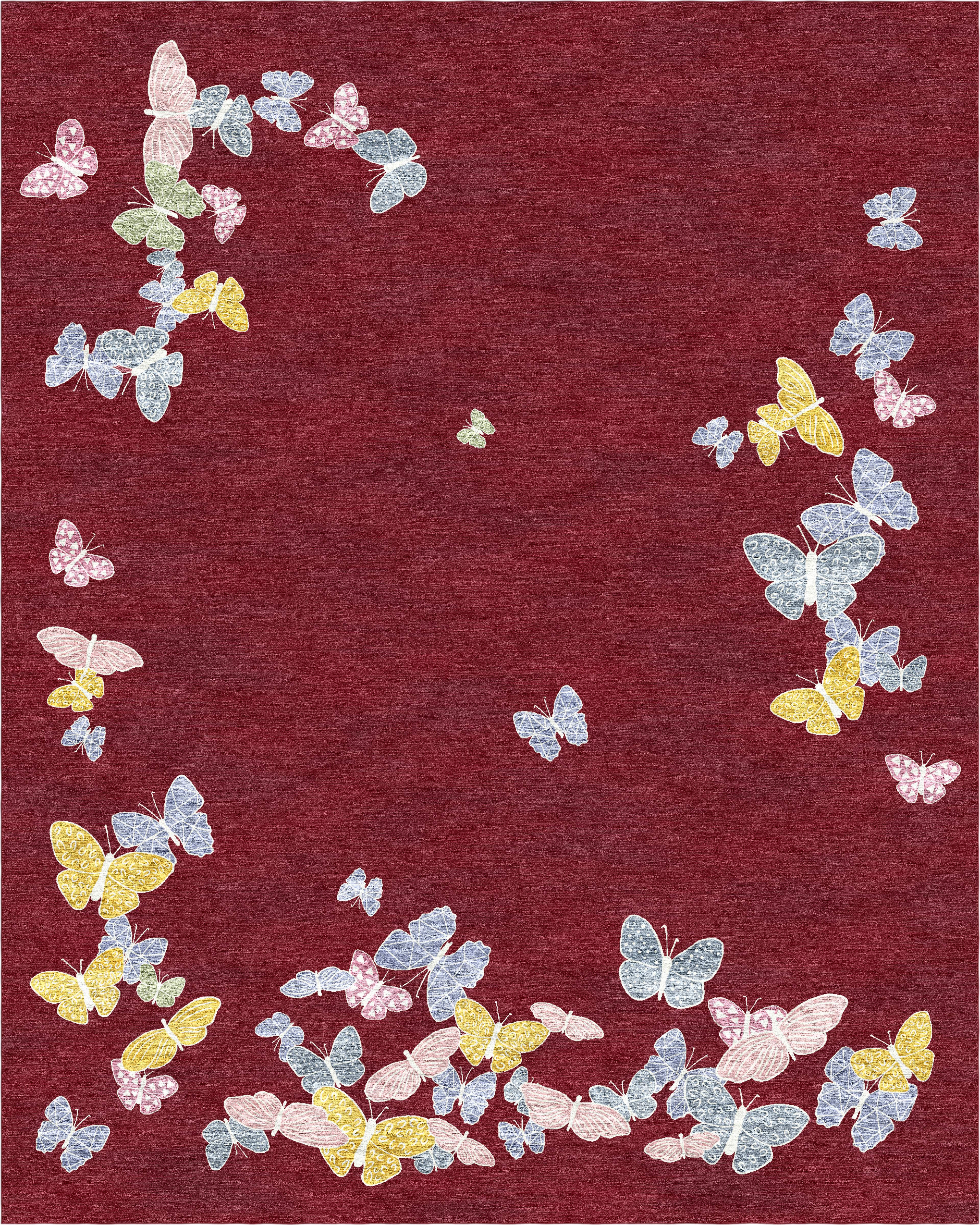 "Spirit in the Night Sky" - Deep Red Large Butterfly Rug in Wool