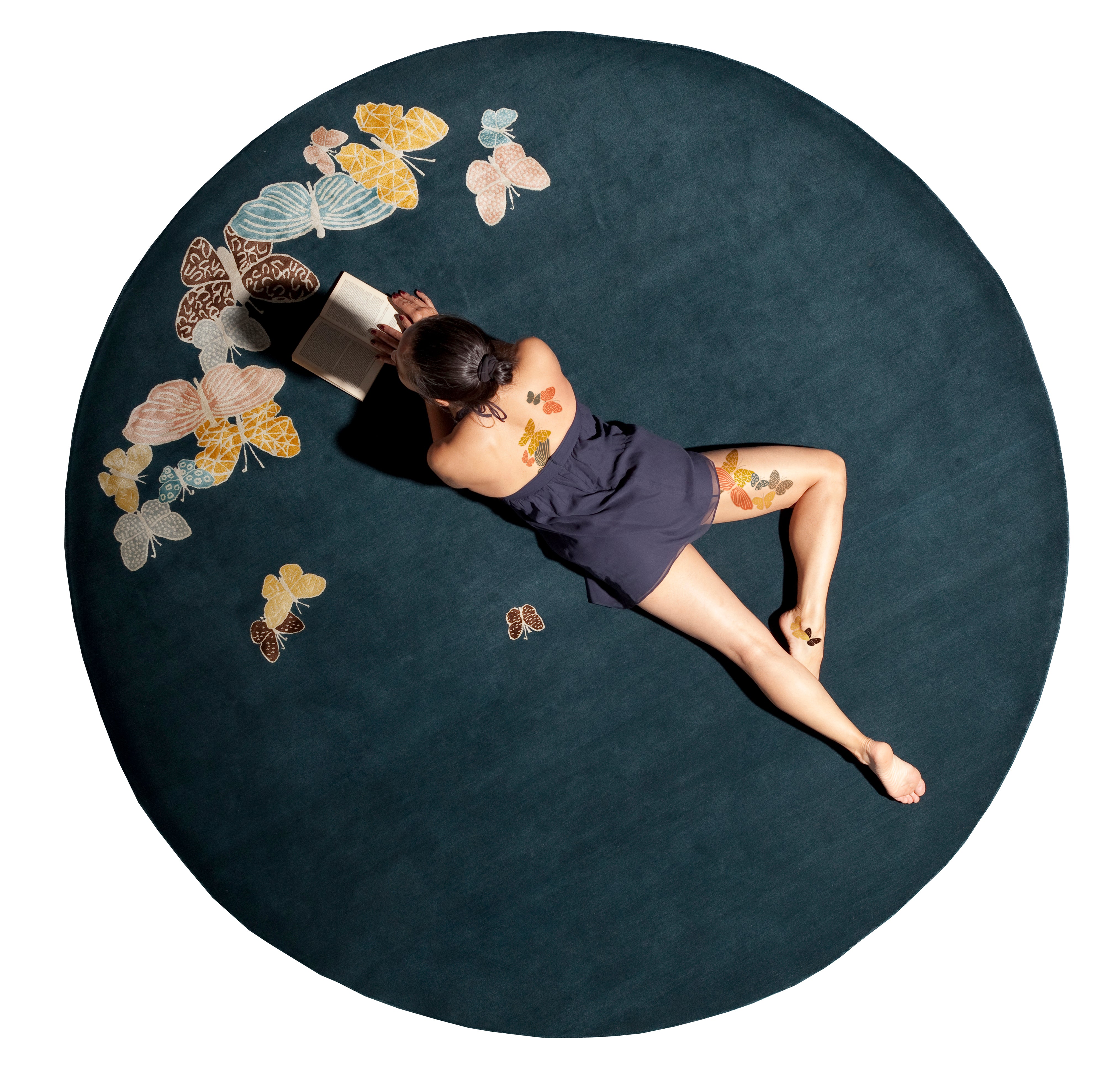 "Spirit in the Night Sky" - Petrol Blue Round Butterfly Rug in - image 6