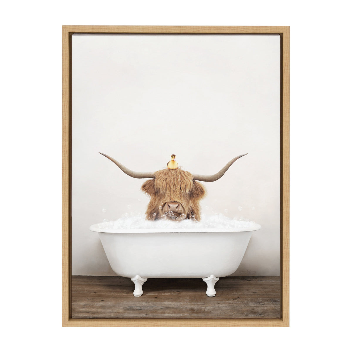 Sylvie Highland Cow and Duckling in Rustic Bath Framed Canvas by Amy Peterson Art Studio