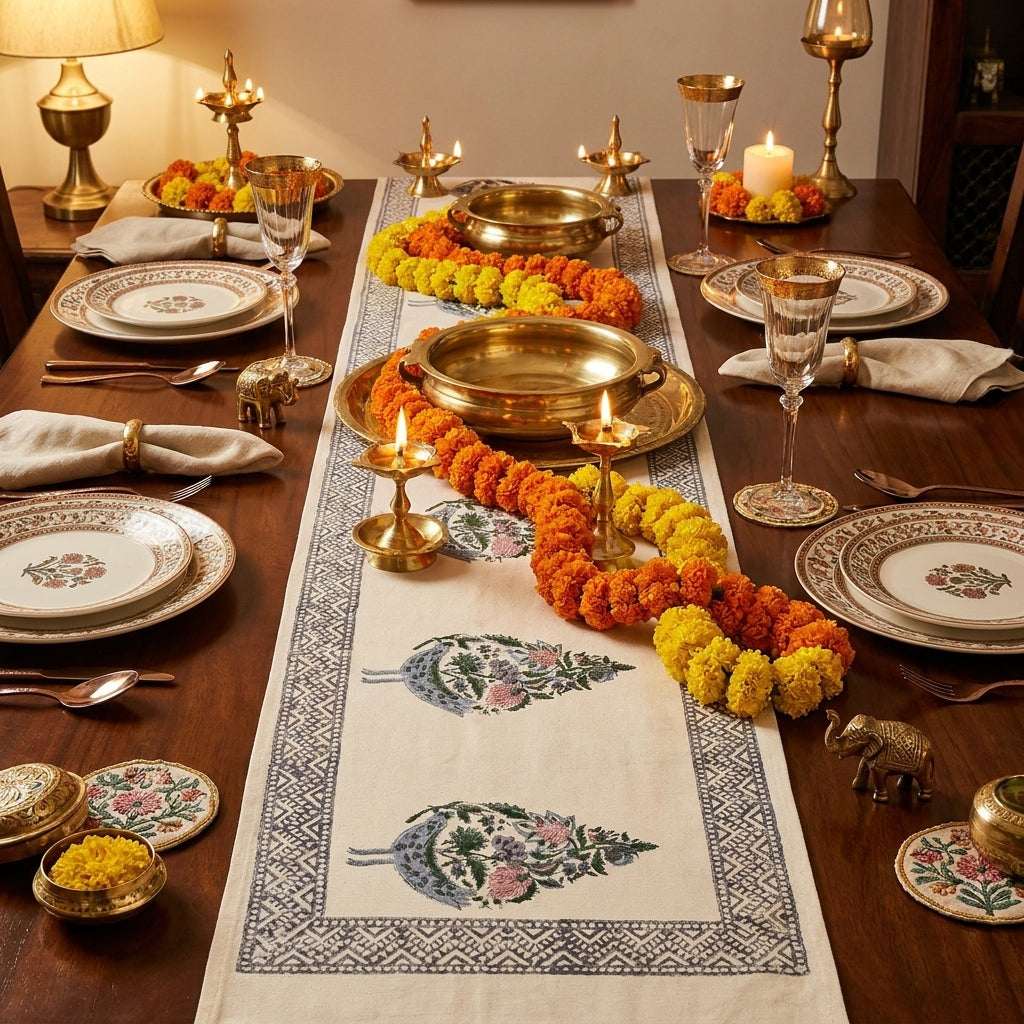 Hand Block Printed Cotton Dusty Blue & Rose Bird Motif 13 pieces Table Linen Set — House of Avana, view 1 of 11