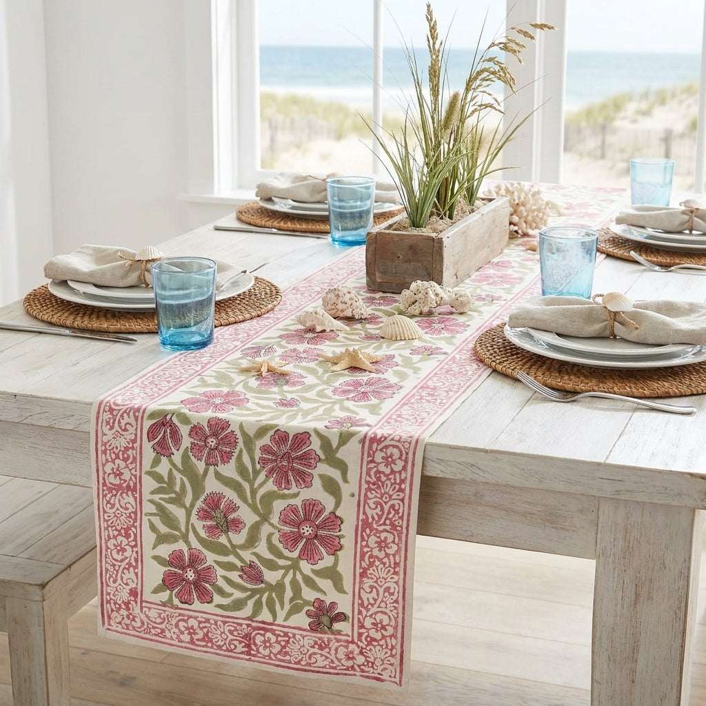 Dusty Rose & Sage Green Floral  Hand Block Printed Table 13 Pieces Linen Set — House of Avana, view 1 of 15