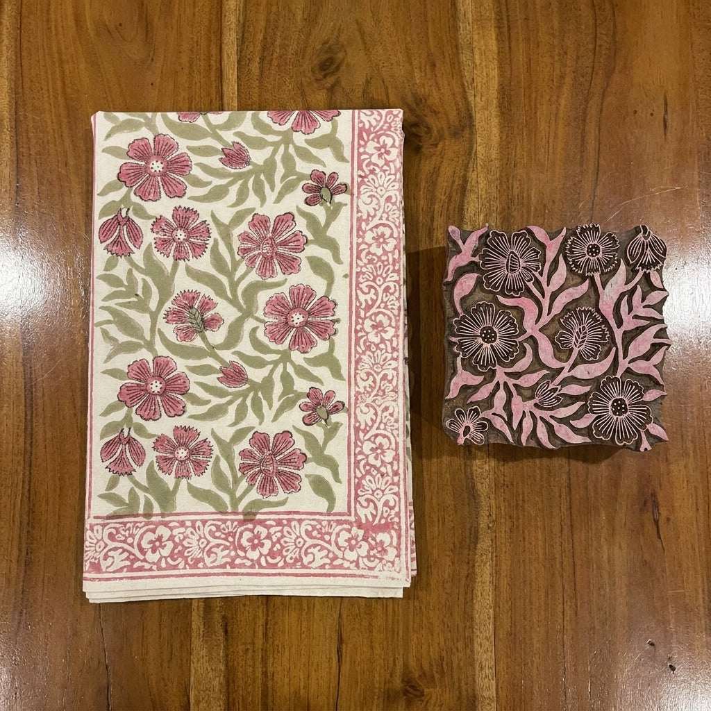 Dusty Rose & Sage Green Floral  Hand Block Printed Table 13 Pieces Linen Set — House of Avana, view 2 of 15