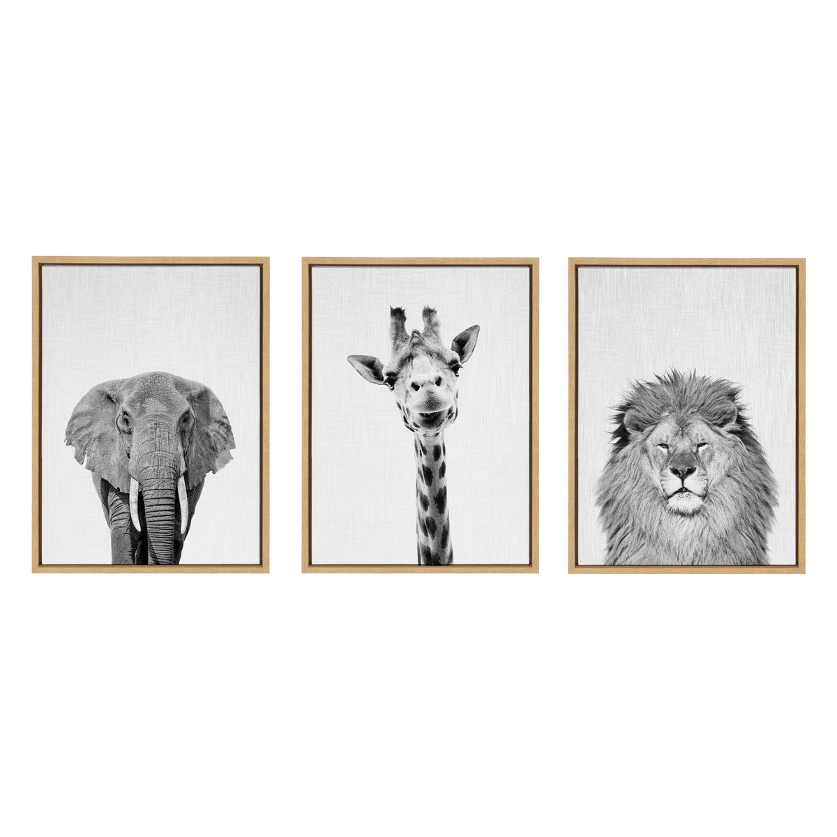 Sylvie Elephant Giraffe and Lion Framed Canvas by Simon Te of Tai Prints