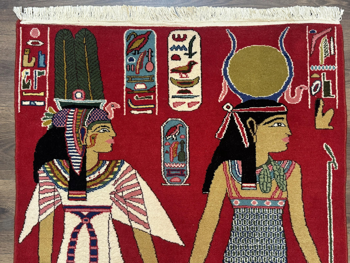 Egyptian Pictorial Rug 3x4, Hieroglyphic Pictorial Rug, Egyptian Prince and Princess, Cleopatra, Vintage Handmade, Red - Jewel Rugs, view 4