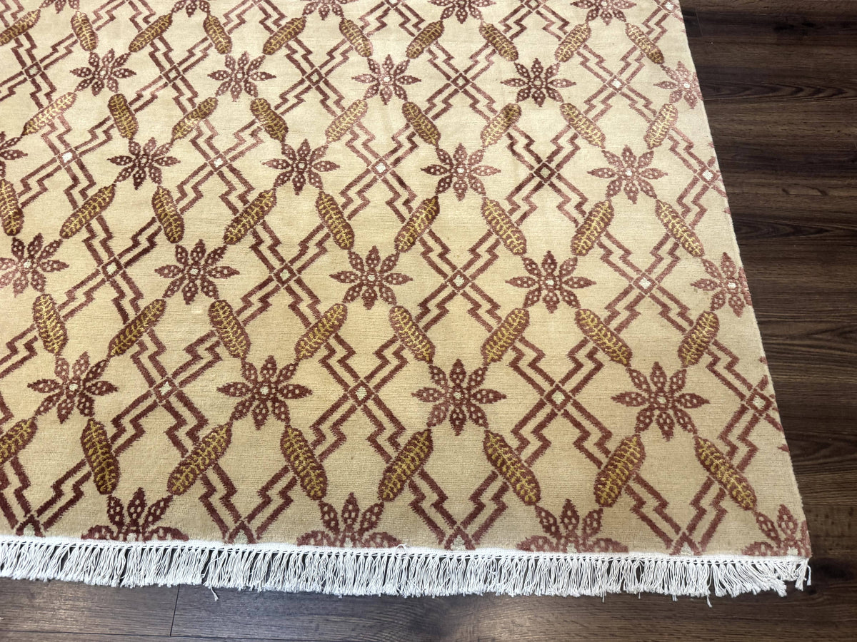 Tibetan Rug 8x10, Wool with Silk Highlights, Beige and Maroon, Contemporary Carpet - Jewel Rugs, view 10
