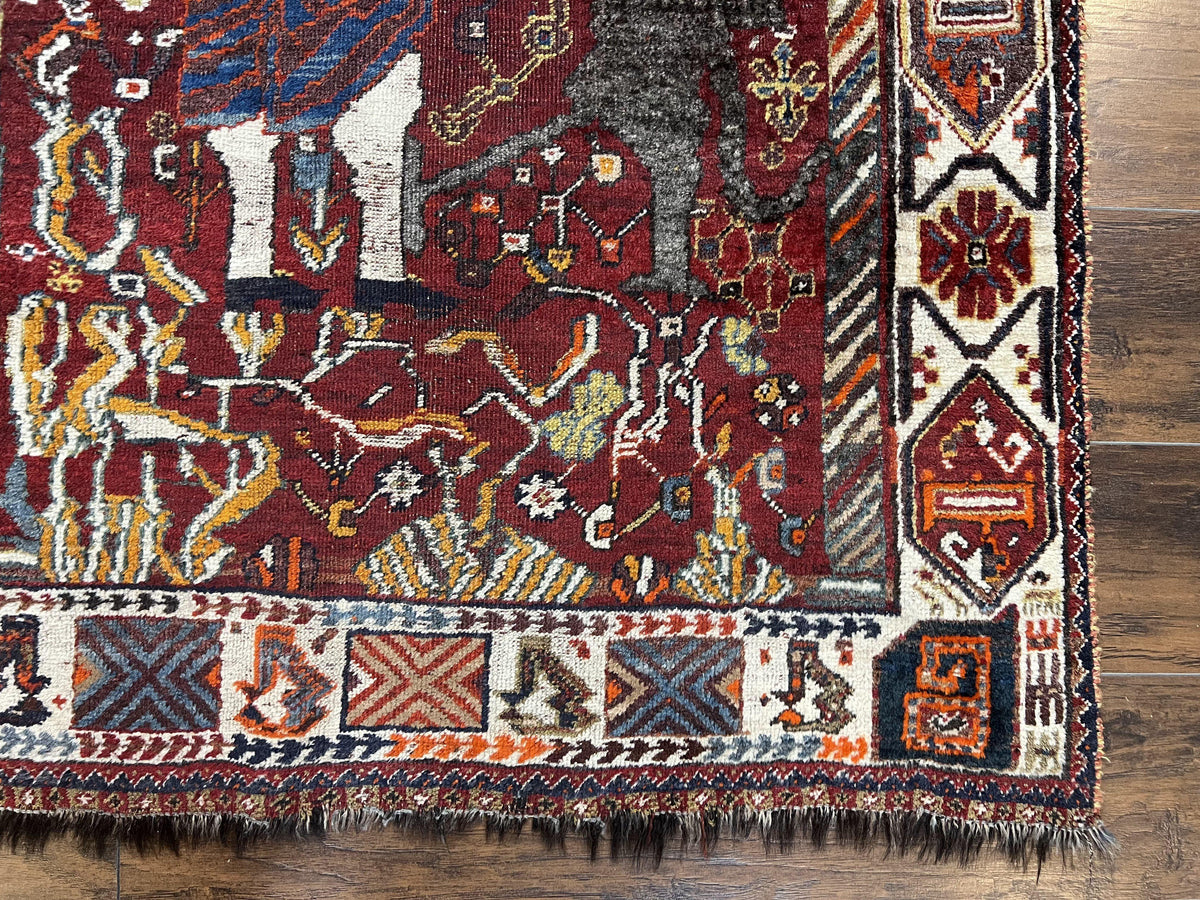 Antique Persian Shiraz Pictorial Rug 3.6 x 5, Persian Tribal Rug, Handmade, Lions, Highly Unique Collectible Small Persian Carpet, Maroon, Wool - Jewel Rugs, view 10