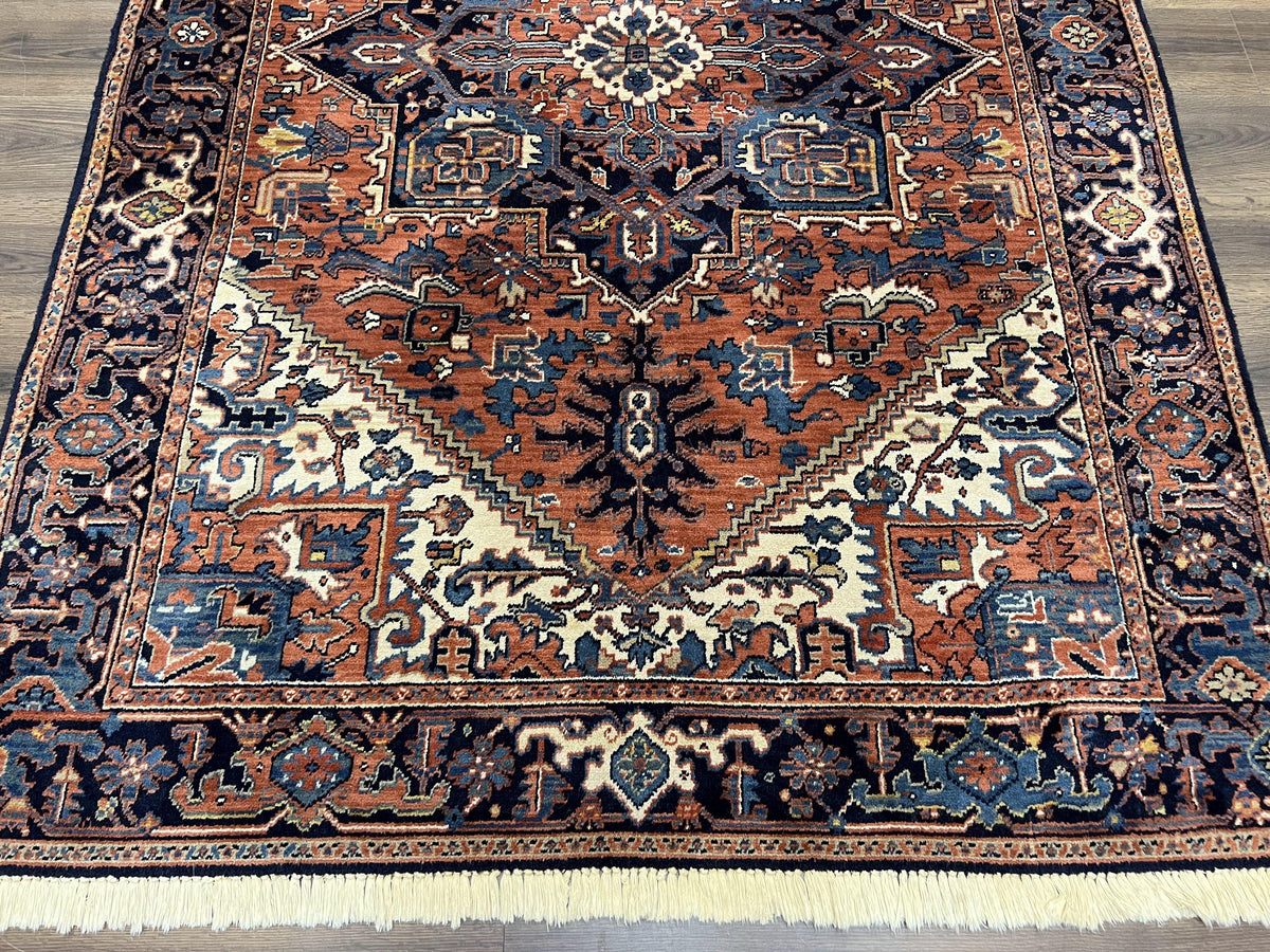 Heriz Rug 5.6 x 8, Geometric Medallion, Wool Oriental Carpet, Tribal Boho Rug, Red Navy Blue Cream, Belgium Power Loomed Rug, Medium Sized - Jewel Rugs, view 6