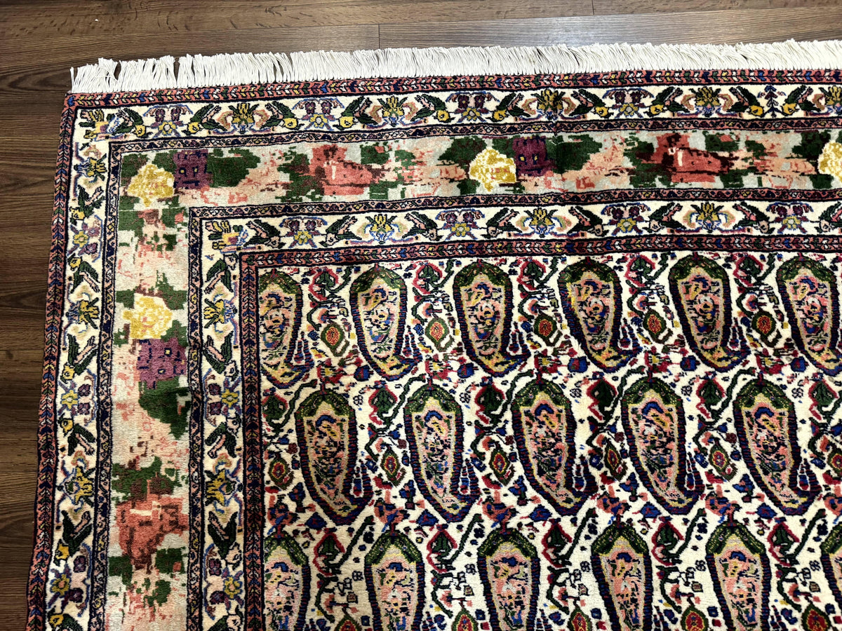 Persian Kurdish Rug 8x11, Repeated Allover Boteh Paisley Design, Bird Pictorials, Rare Antique Sannadaji Carpet - Jewel Rugs, view 7