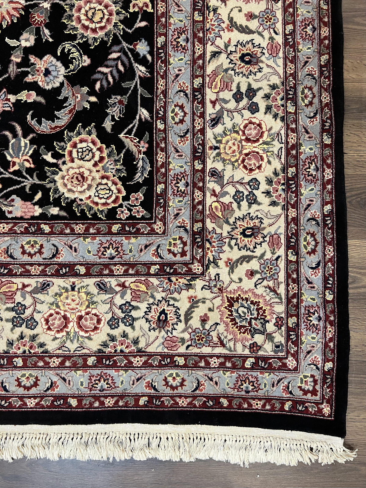 Pak Persian Rug 9x12, Floral Allover, Hand Knotted Oriental Carpet 9 x 12 ft, Black and Cream, Detailed, Wool with Silk Highlights, Vintage - Jewel Rugs, view 9