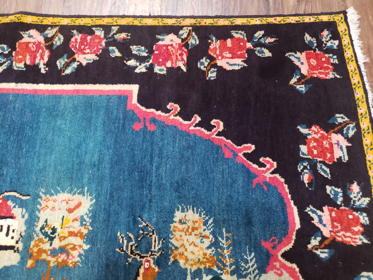 Antique Persian Pictorial Rug 4'6" x 9', Wool Hand-Knotted Blue Roses Karabagh Caucasian Carpet, 1920s Girl Deer Tapestry Wall Hanging Rug - Jewel Rugs, view 7